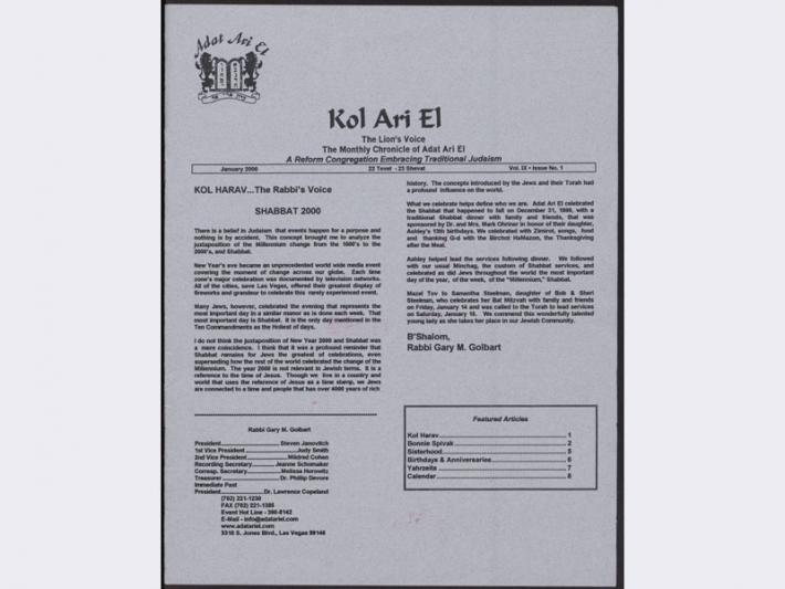 Kol Ari El newsletter from Adat Ari El, January 2000