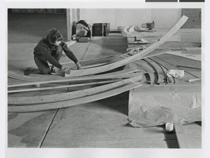 Rita Deanin Abbey constructing the Wall of Creation Mural at Temple Beth Sholom, 1970s