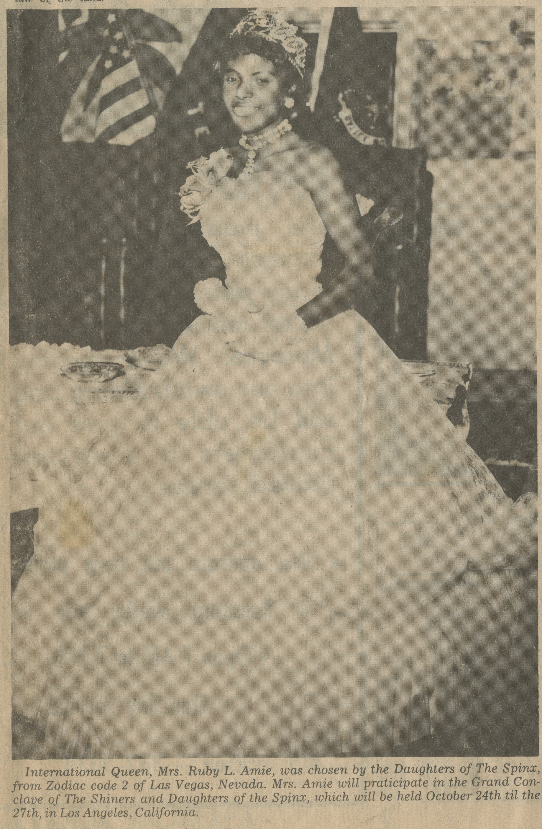 Newspaper clipping, Photograph of Mrs. Ruby L. Amie as International Queen of the Daughters of The Spinx [sic], from Zodiac code 2 of Las Vegas, Nevada, Nevada Enterprise and News Advertiser, Vol. I, No. 21, November 1, 1963