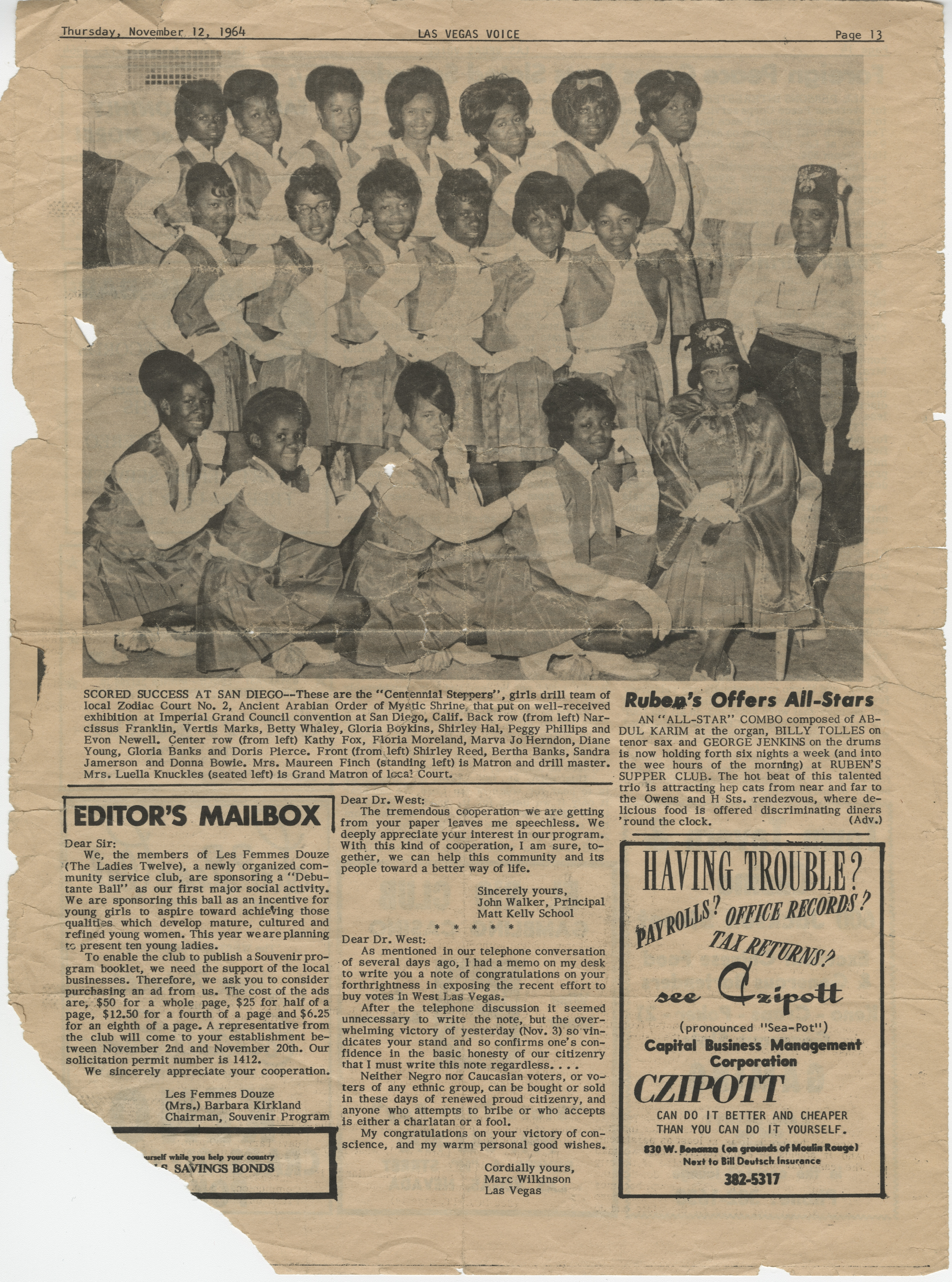 Newspaper clipping, Photograph of the Centennial Steppers girls drill team from the Zodiac court No. 2, Ancient Arabian Order of Mystic Shrine, Las Vegas Voice, November 12, 1964