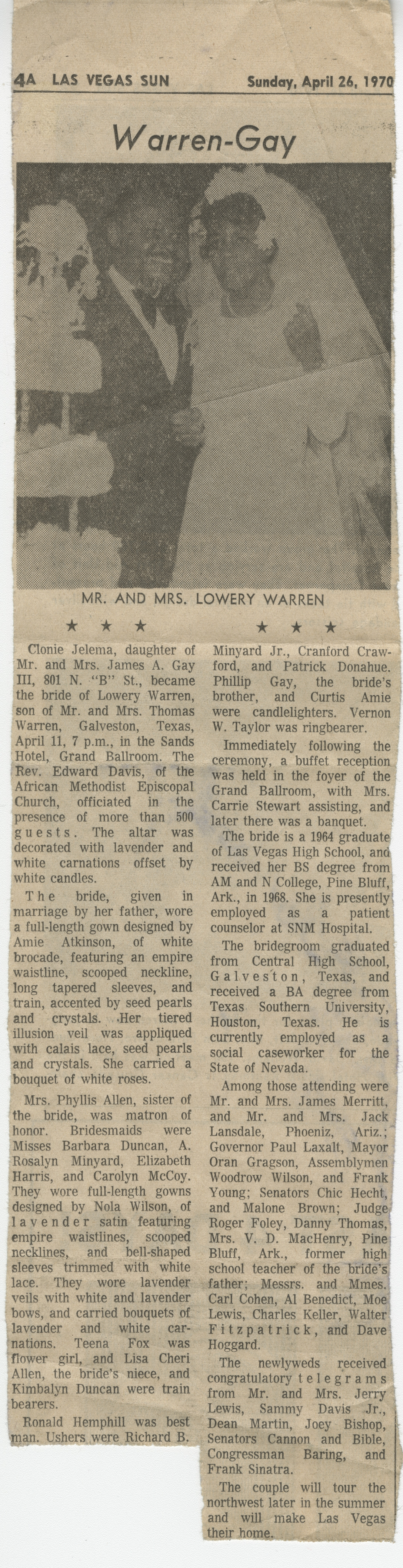 Newspaper clipping, Warren-Gay wedding announcement for Mrs. Clonie Jelema Gay, daughter of Mr. and Mrs. James Gay III, and Lowery Warren, Las Vegas Sun, April 26, 1970 (wedding date: April 11, 1970)
