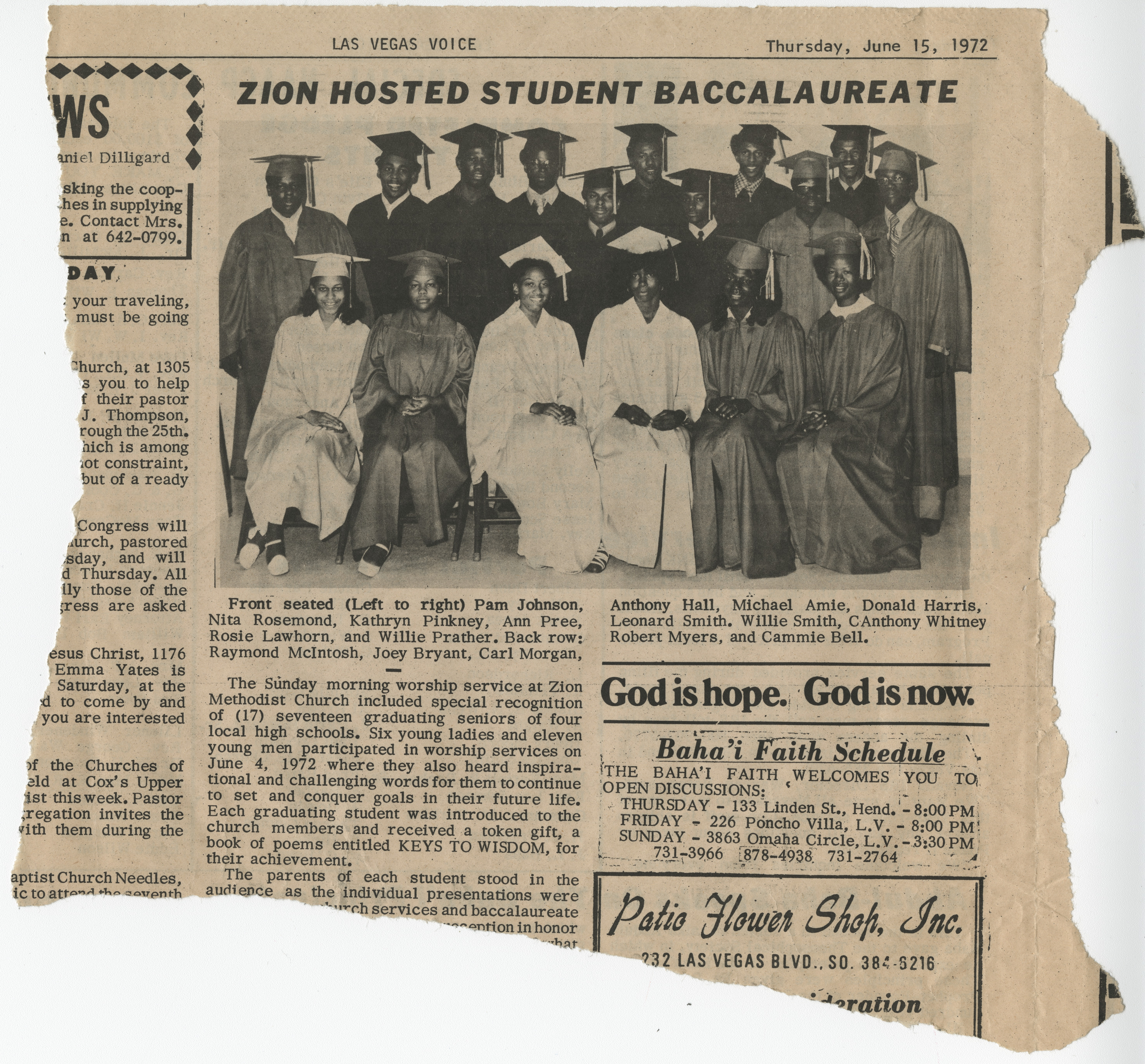 Newspaper clipping, Zion Hosted Student Baccalaurate, Las Vegas Voice, June 15, 1972