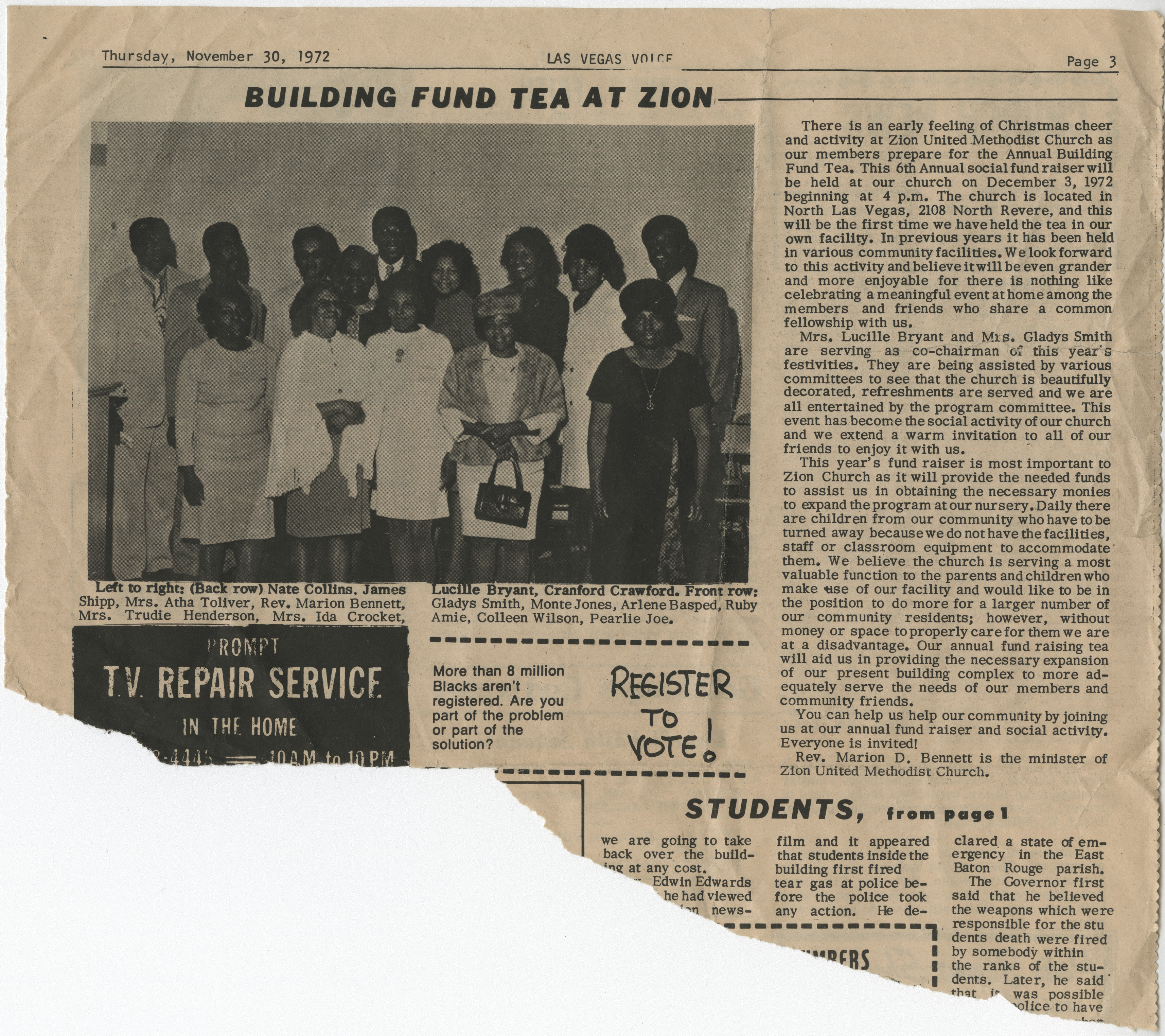 Newspaper clipping, Building Fund Tea at Zion, Las Vegas Voice, November 30, 1972