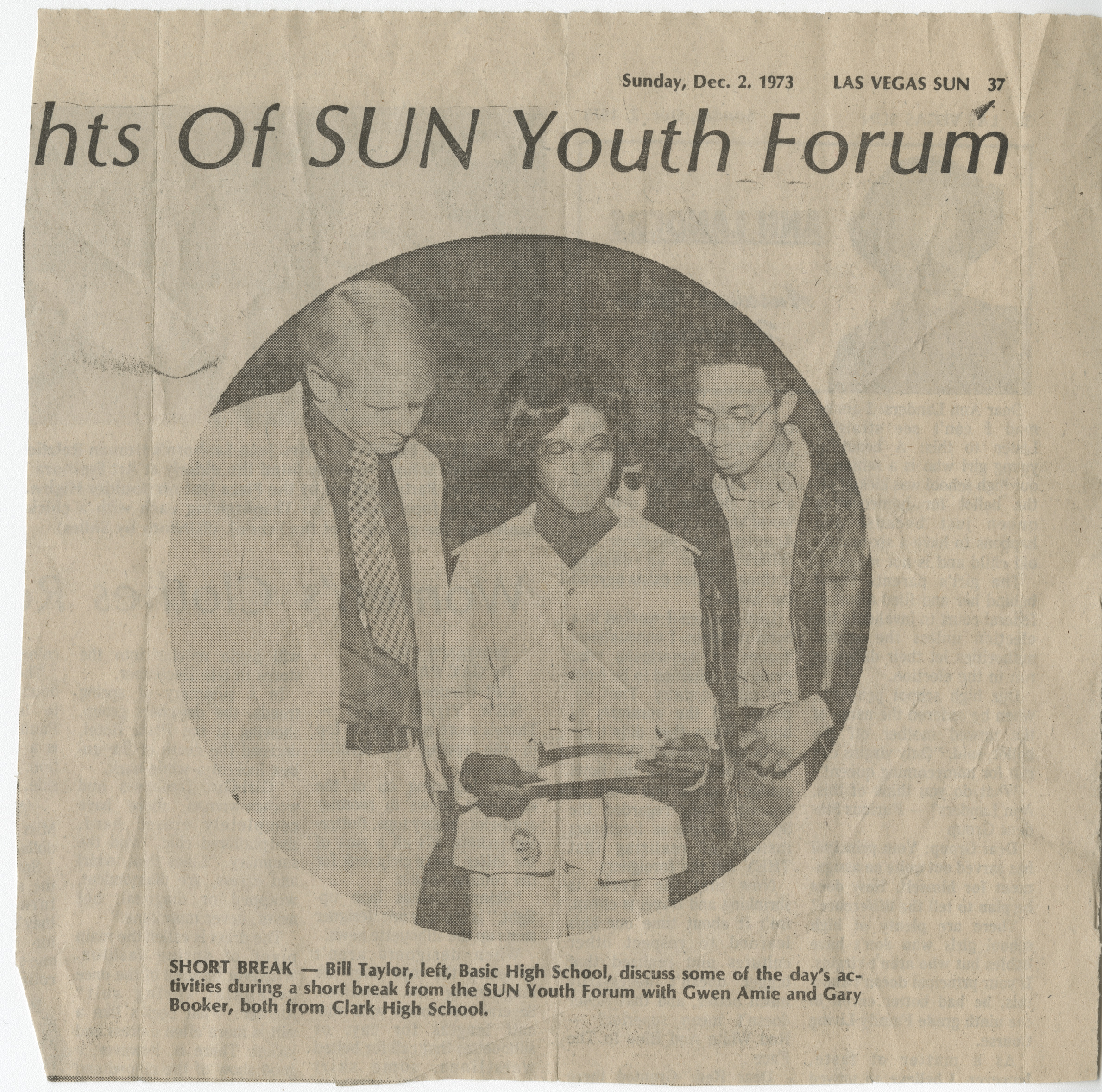 Newspaper clipping, SUN Youth Forum, Las Vegas Sun, December 2, 1973