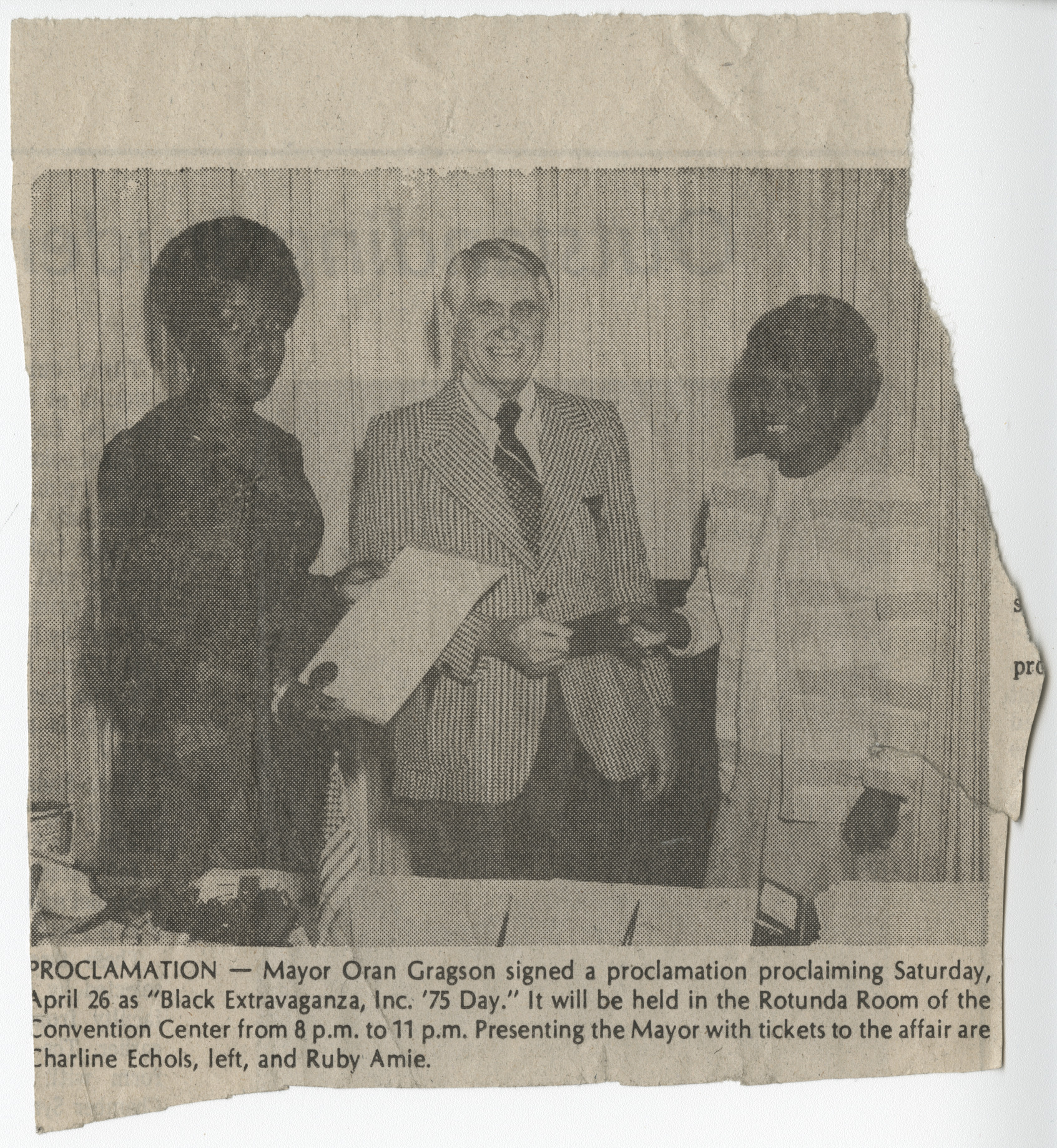 Newspaper clipping, Proclamation showing Mayor Oran Gragson with Charline Echols and Ruby Amie presenting the mayor with tickets to the Black Extravaganza, Inc. '75 Day, publication unknown, 1975