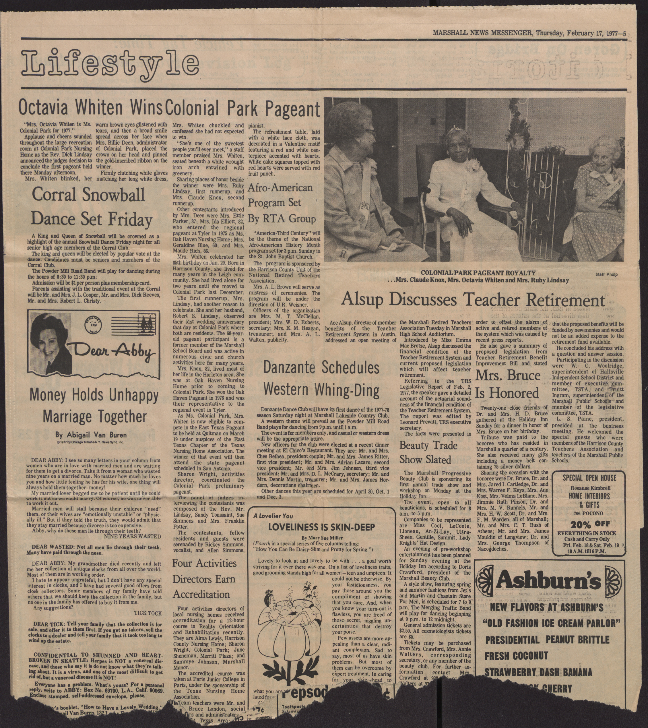 Newspaper clipping, Octavia Whiten Wins Colonial Park Pageant, Marshall News Messenger, February 17, 1977