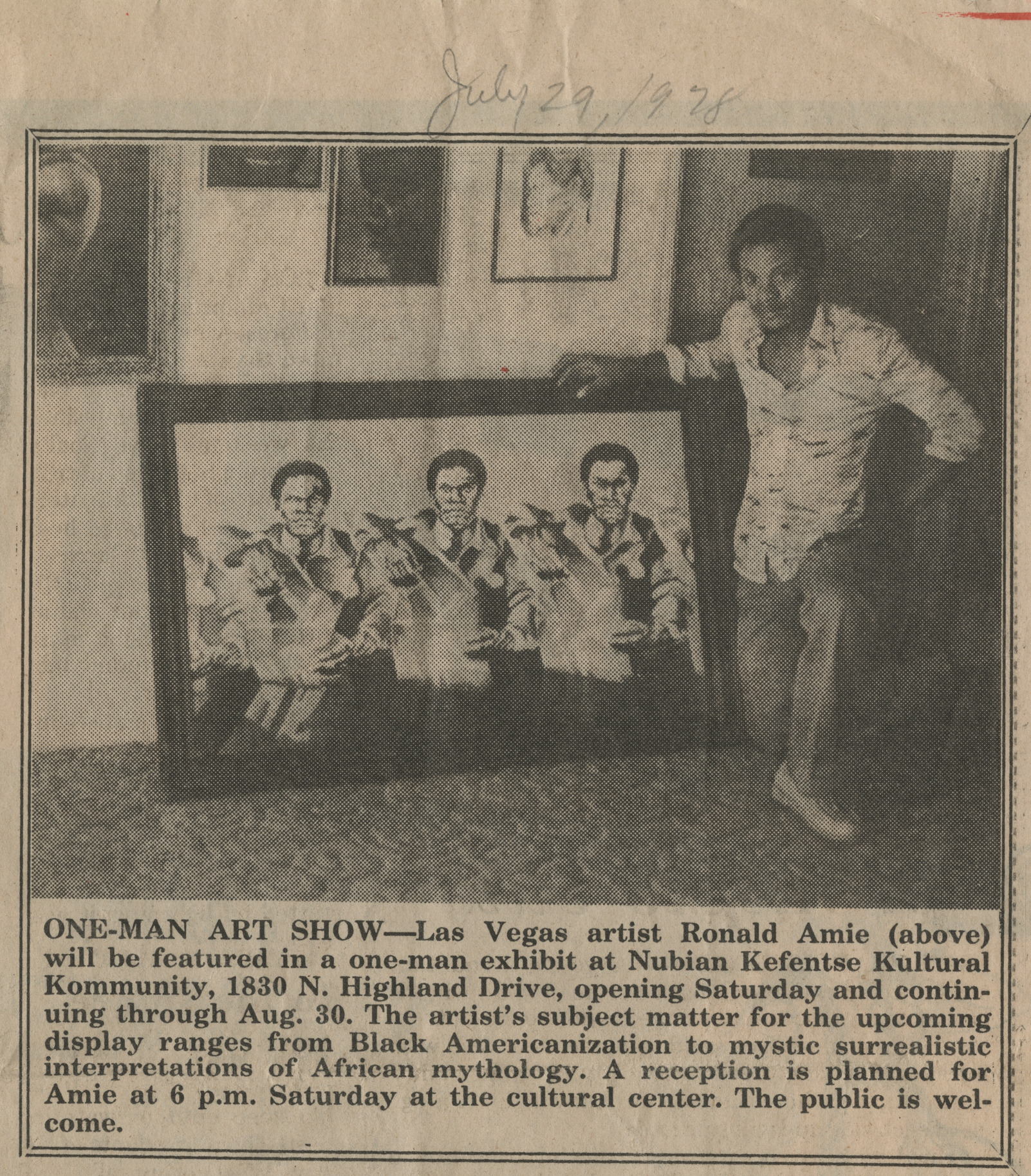 Newspaper clipping, One-Man Art Show (with photograph of Ronald Amie with a painting), publication unknown, July 29, 1978,