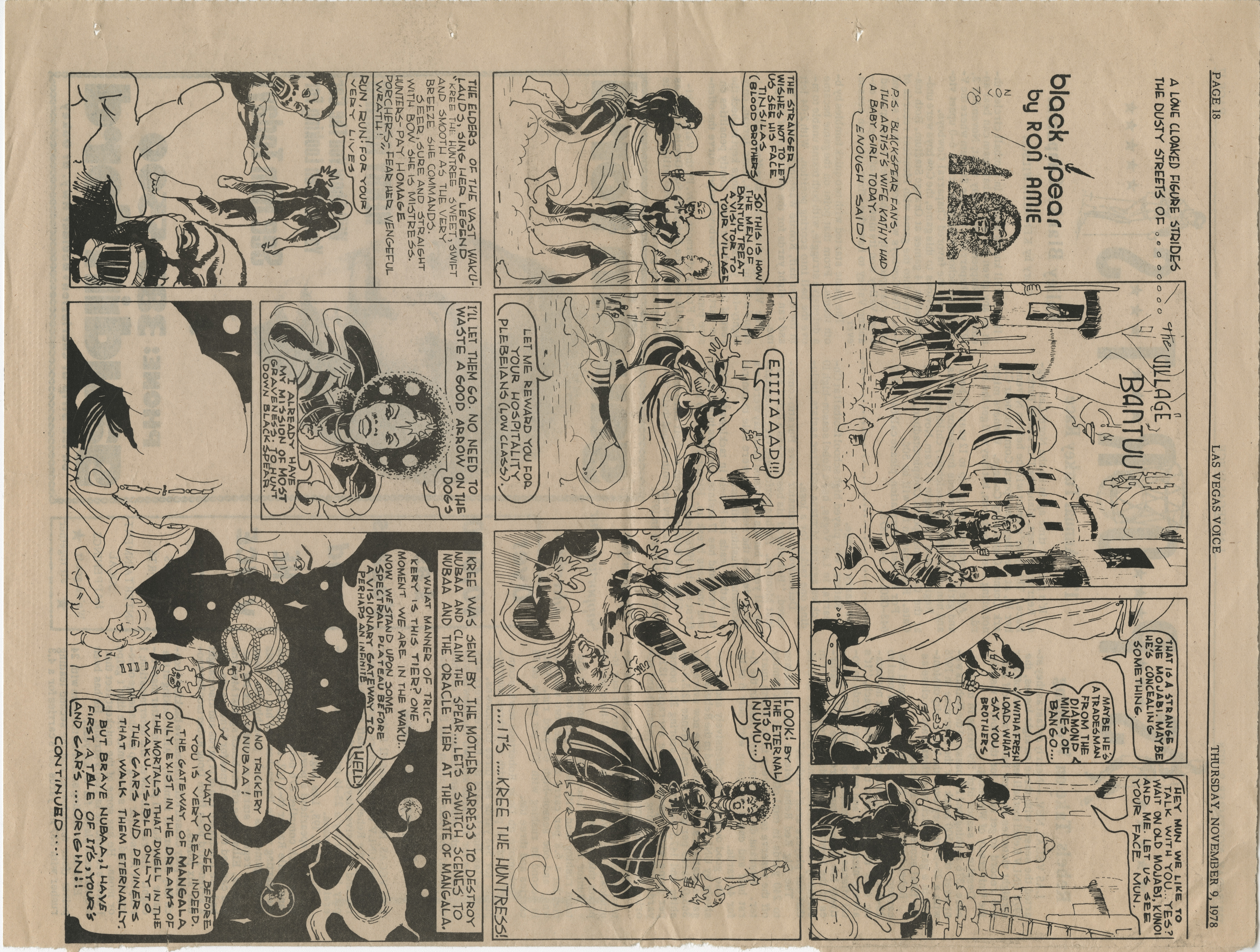 Newspaper clipping, Black Spear cartoon by Ron Amie, Las Vegas Voice, November 9, 1978