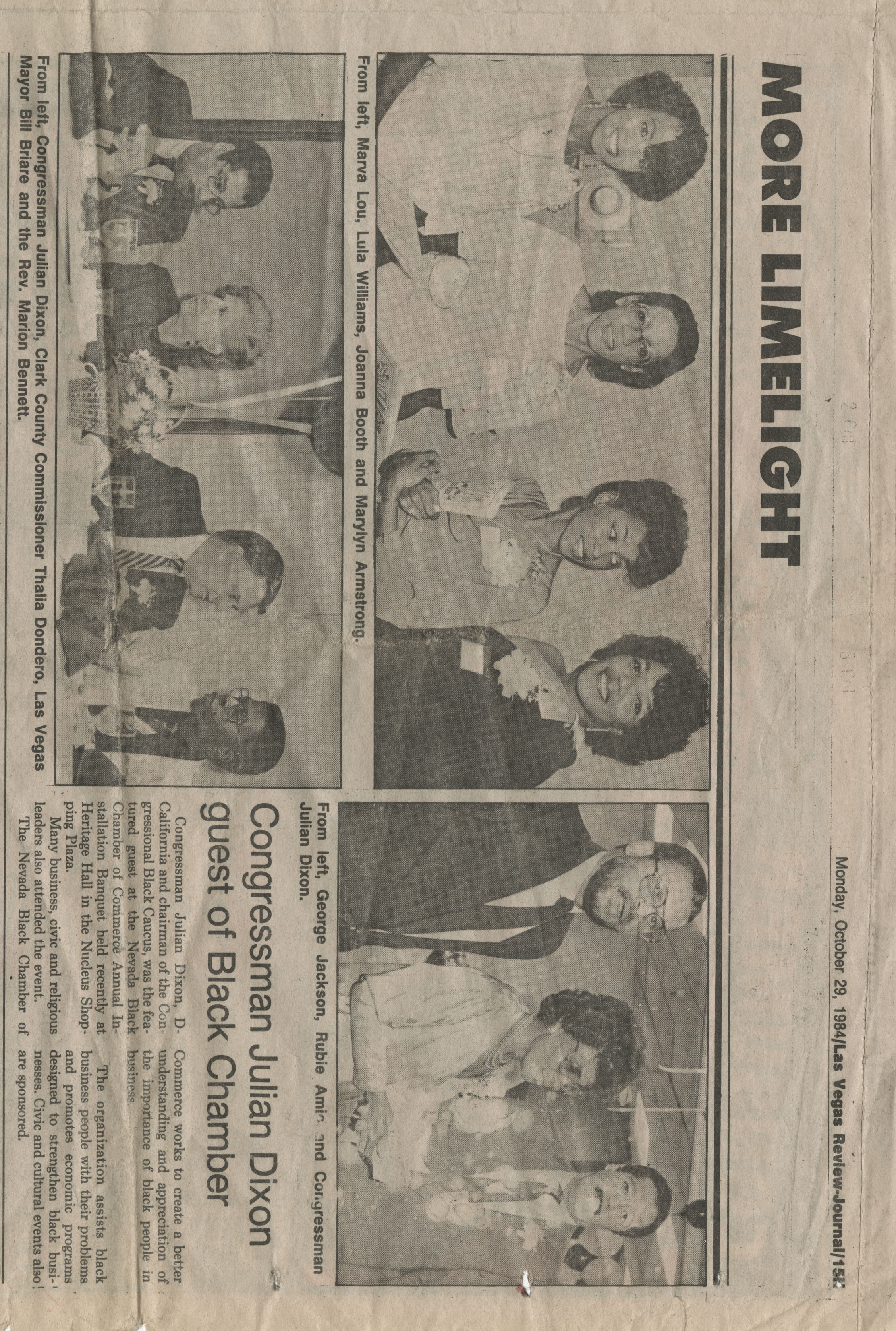 Newspaper clipping, Congressman Julian Dixon guest of Black Chamber, More Limelight Section, Las Vegas Review-Journal, October 29, 1984