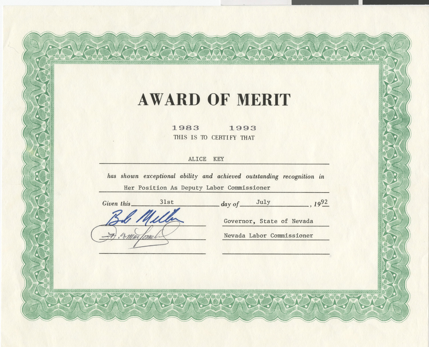 Award of Merit 1983-1993, Deputy Labor Commissioner