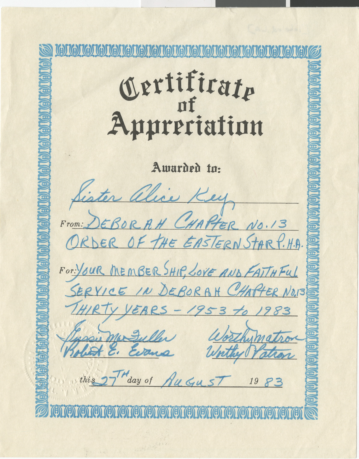 Certificate of Appreciation for Alice Key for involvement in Deborah Chapter No. 13, 1983