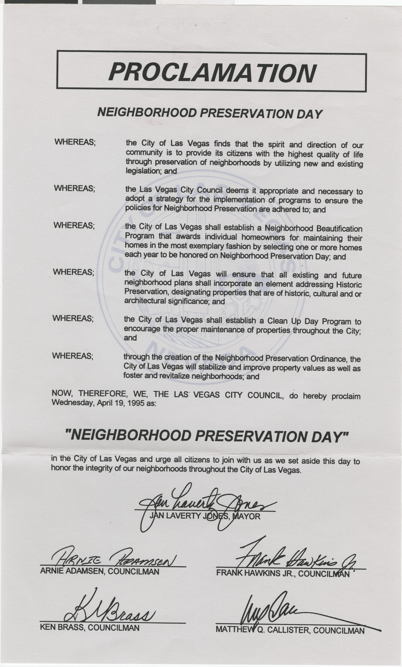 Proclamation for Neighborhood Preservation Day, 1995 (see also Box 1 Folder 13)