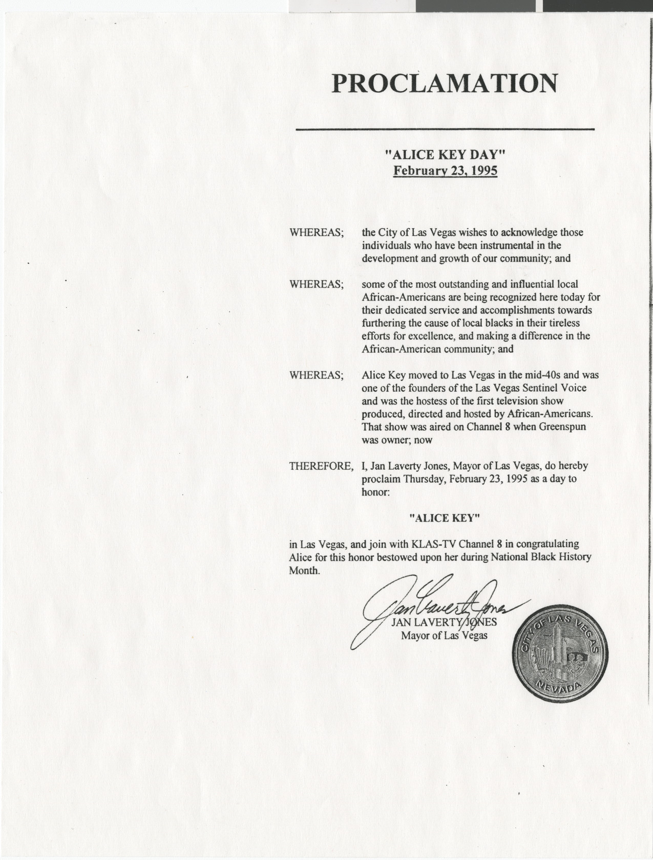 Proclamation by Mayor of Las Vegas for Alice Key Day, February 23, 1995 (see also Box 1 Folder 13)