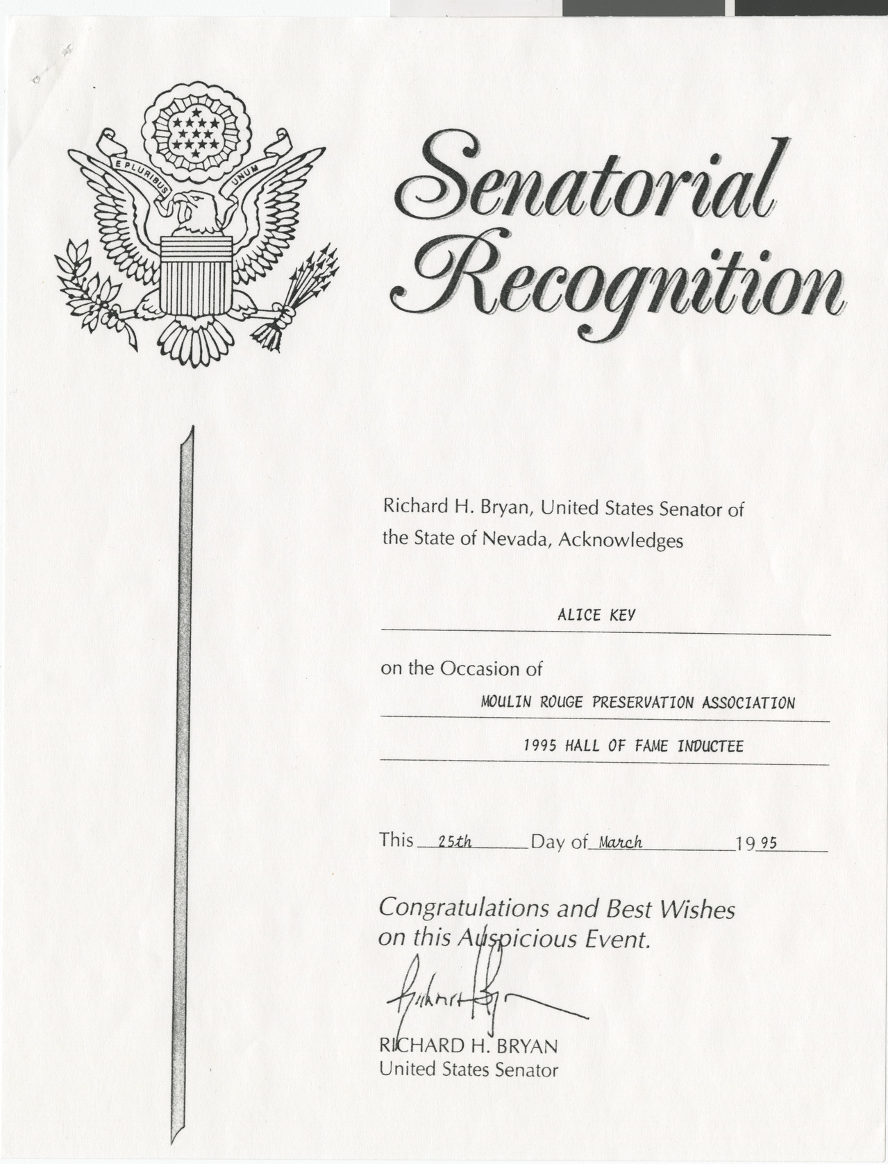 Photocopy of Senatorial Recognition for Alice Key for her induction into the Moulin Rouge Preservation Association Hall of Fame, 1995 (see also Box 1  Folder 13 Item 7)