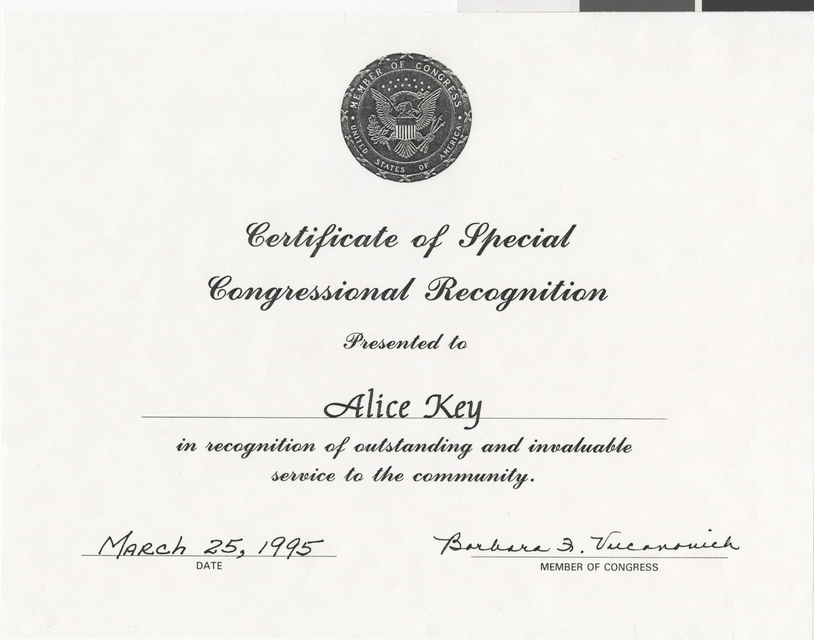 Photocopy of Certificate of Special Congressional Recognition for Alice Key for her service to the community, 1995 (see also Box 1 Folder 13)