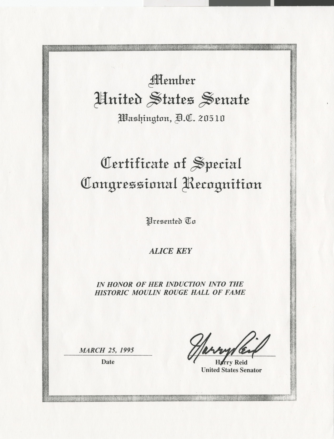 Photocopy of Certificate of Special Congressional Recognition for Alice Key for her induction into the Historic Moulin Rouge Hall of Fame, 1995 (see also Box 1 Folder 13)