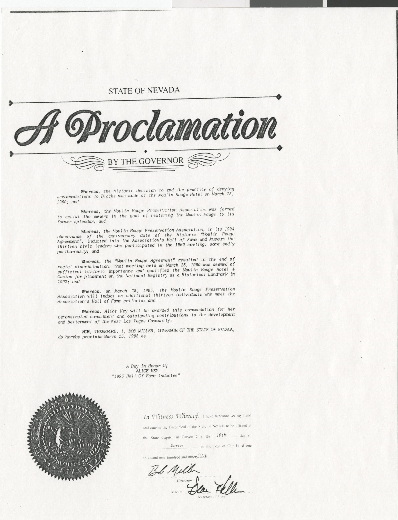 Photocopy of Proclamation by the Governor of Nevada for Alice Key Day, 1995 (see also Box 1 Folder 13)