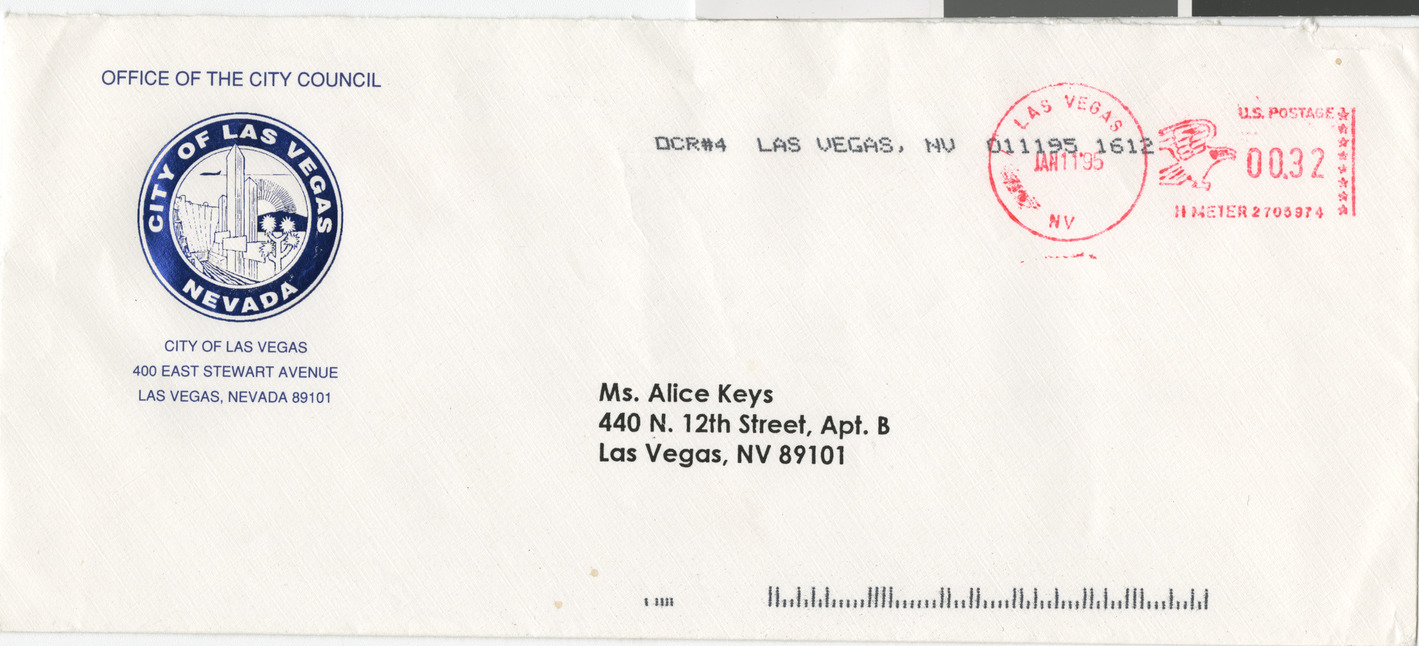 Letter and envelope from Frank Hawkins Jr, City Councilman, to Alice Keys [sic], 1995