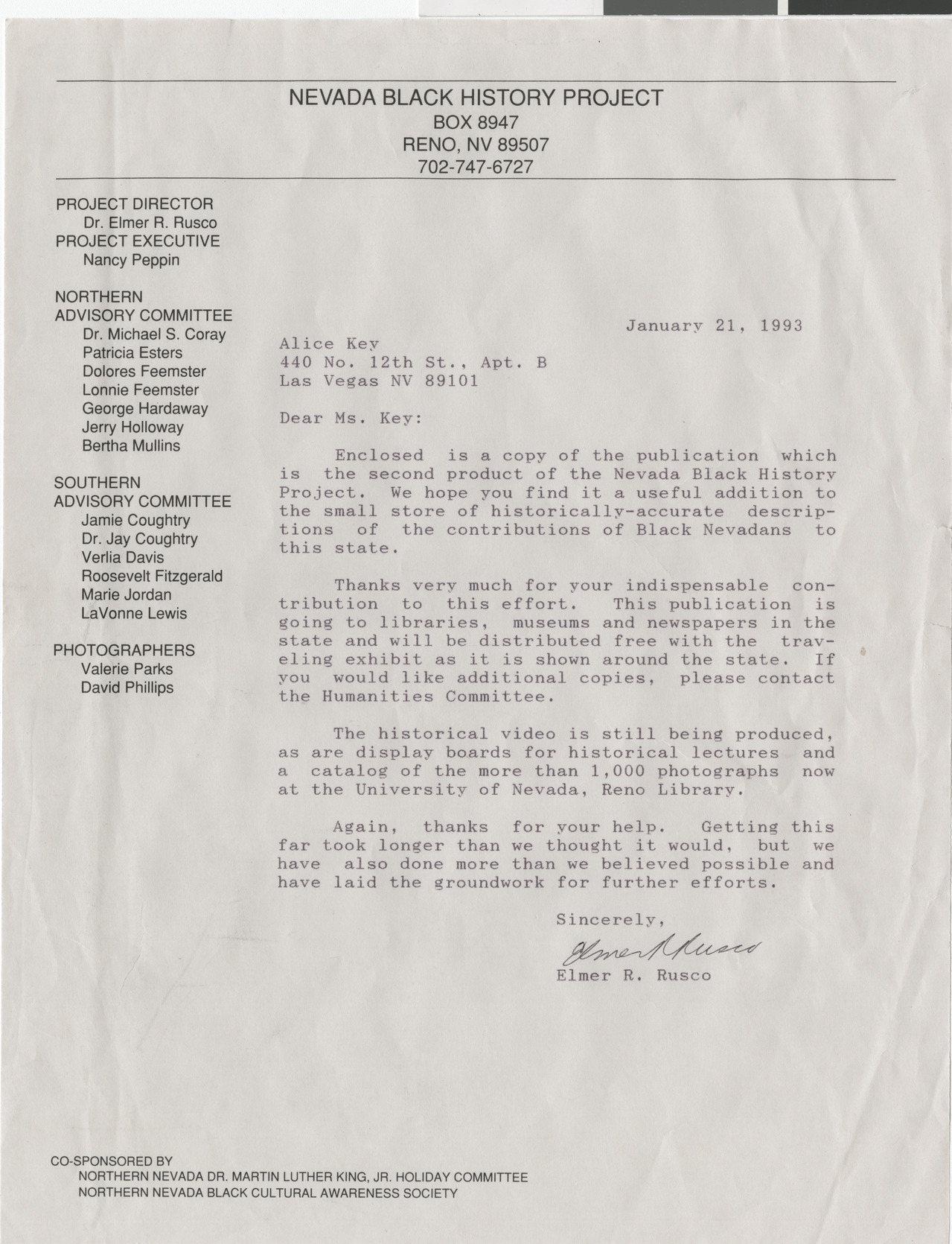 Letter from Elmer Rusco, Nevada Black History Project, to Alice Key, 1993