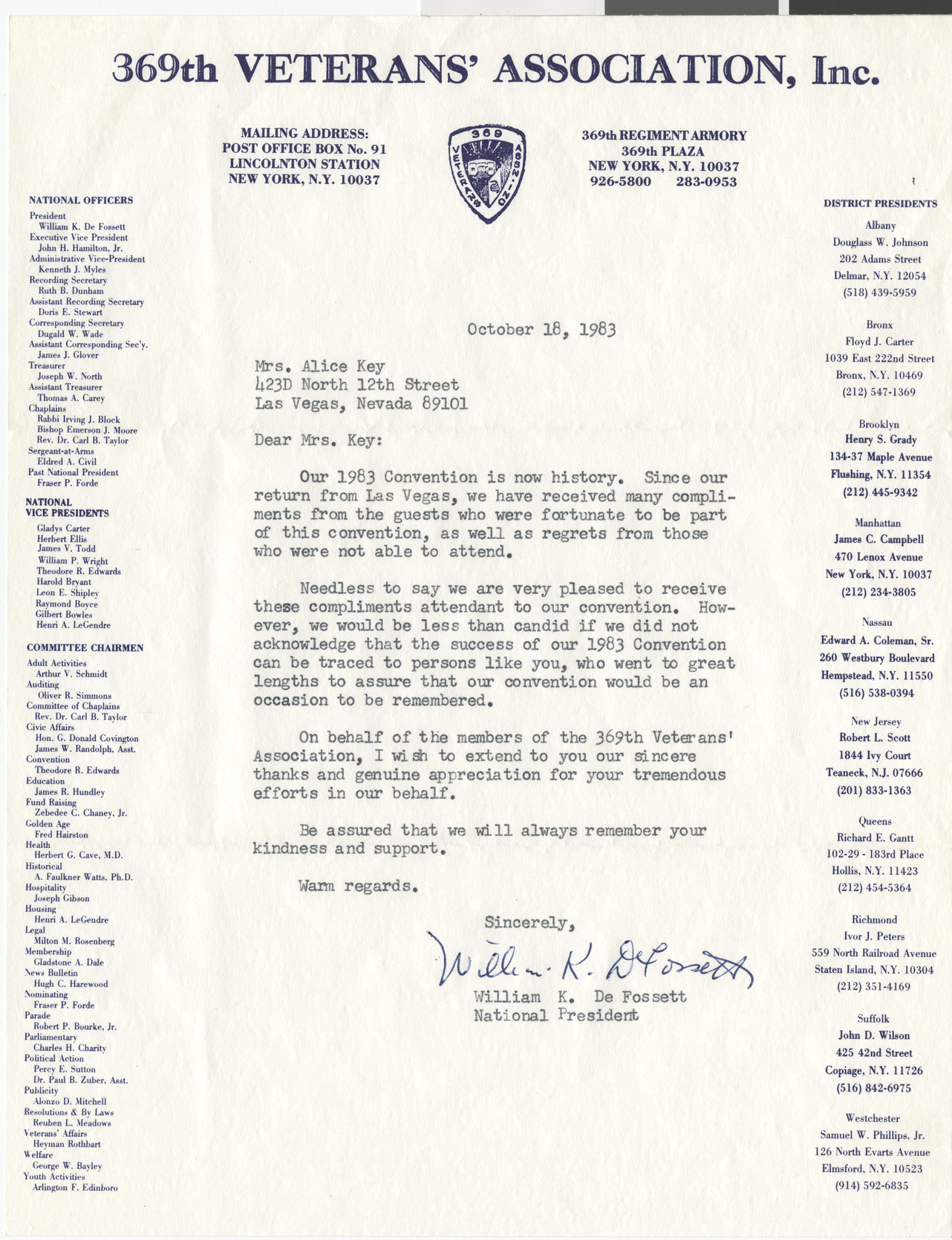 Letter from Willam De Fossett, 369th Veterans' Association, to Alice Key, 1983