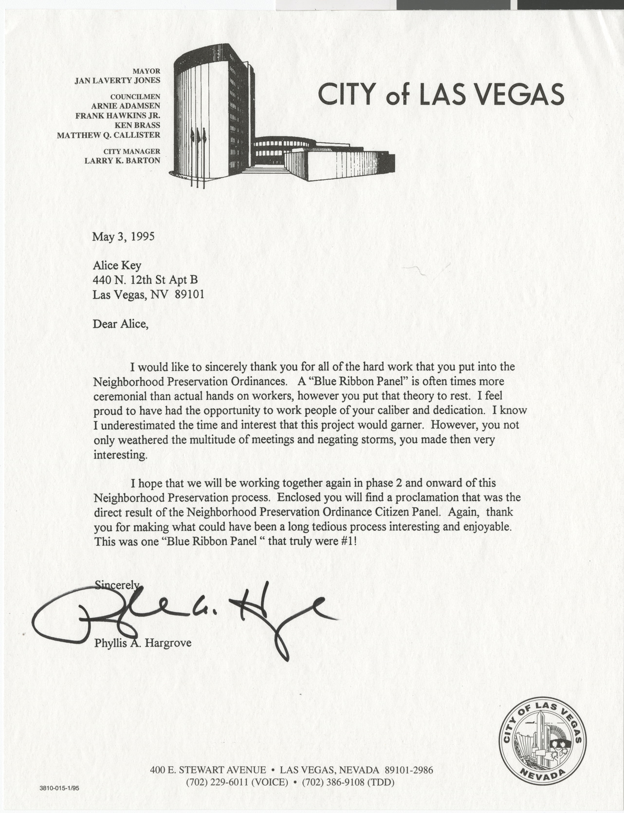 Letter from Phyllis Hargrove, City of Las Vegas, to Alice Key, 1995