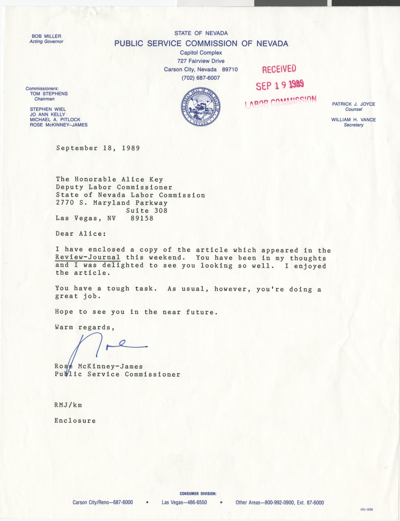 Letter from Rose McKinney-James, Public Service Commissioner, to Alice Key, 1989