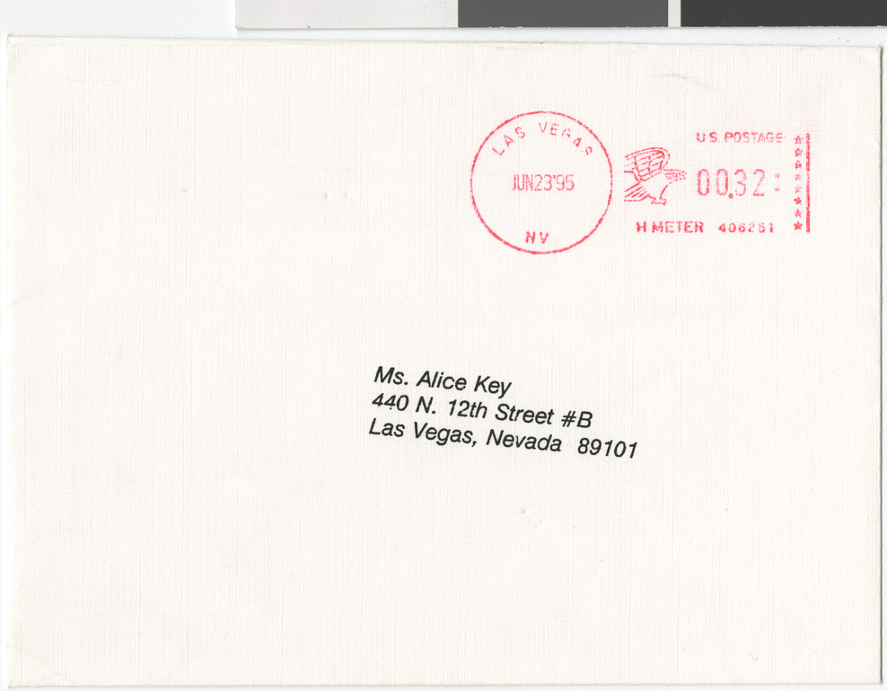 Thank you letter and envelope from Councilman Frank Hawkins, Jr.,  Las Vegas, to Alice Key, 1995, regarding Historic Preservation Commission