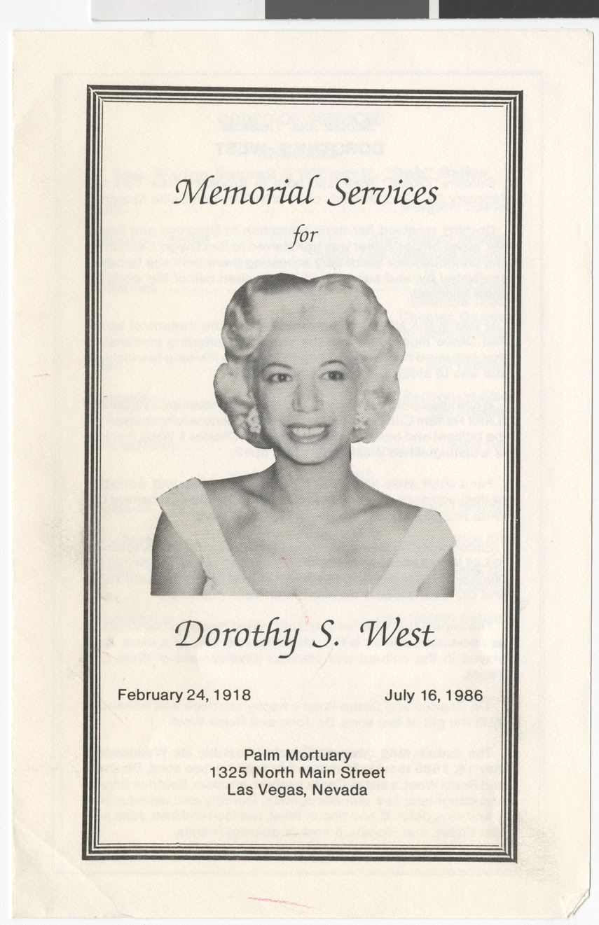 Program for the Memorial Services for Dorothy S. West, 1986