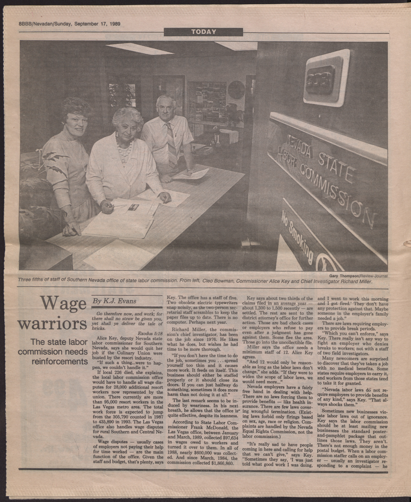 Newspaper clipping, Wage warriors: The state labor commission needs reinforcements, Nevadan Section 8BBB-9BBB, 17BBB, Sunday Magazine of the Las Vegas Review-Journal,  September 17, 1989