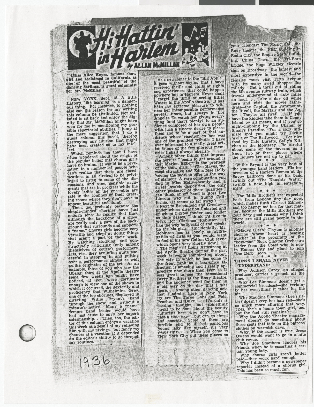 Newspaper clipping (copy), Hi Hattin' in Harlem by Allan McMillan, publication unknown, 1936