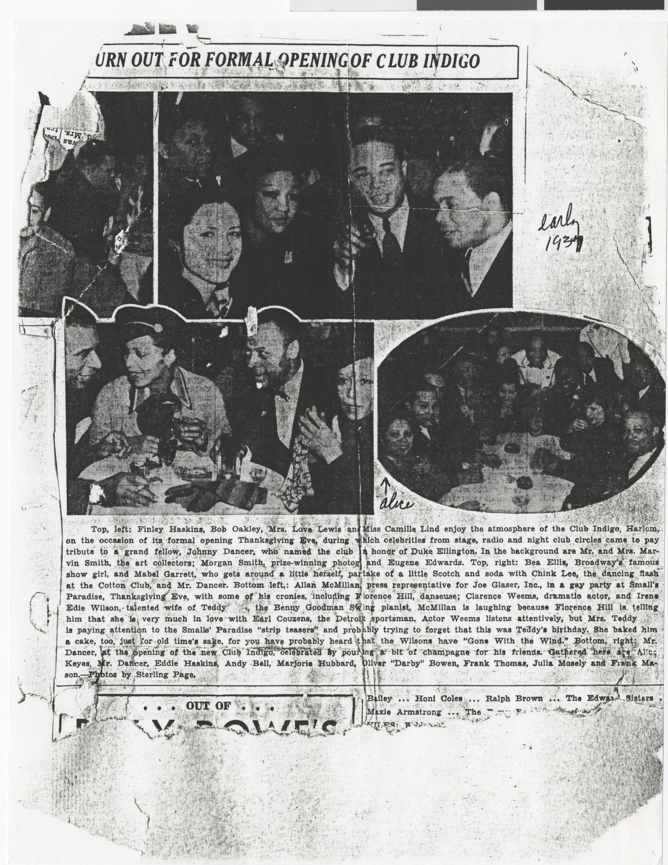 Newspaper clipping (copy), [Turn] out for formal opening of club indigo, publication unknown, 1937