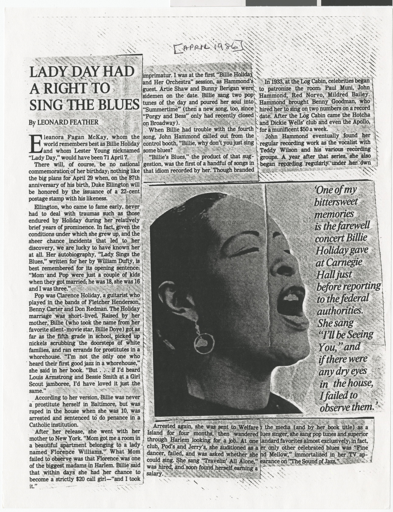 Newspaper clipping (copy), Lady Day had a right to sing the blues, publication unknown, 1986