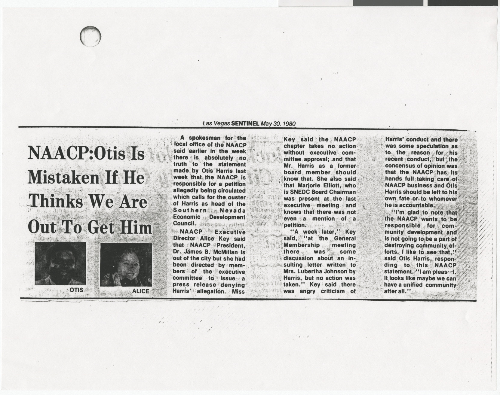 Newspaper clipping (copy), Las Vegas Sentinel, NAACP: Otis is mistaken if he thinks we are out to get him, May 30, 1980