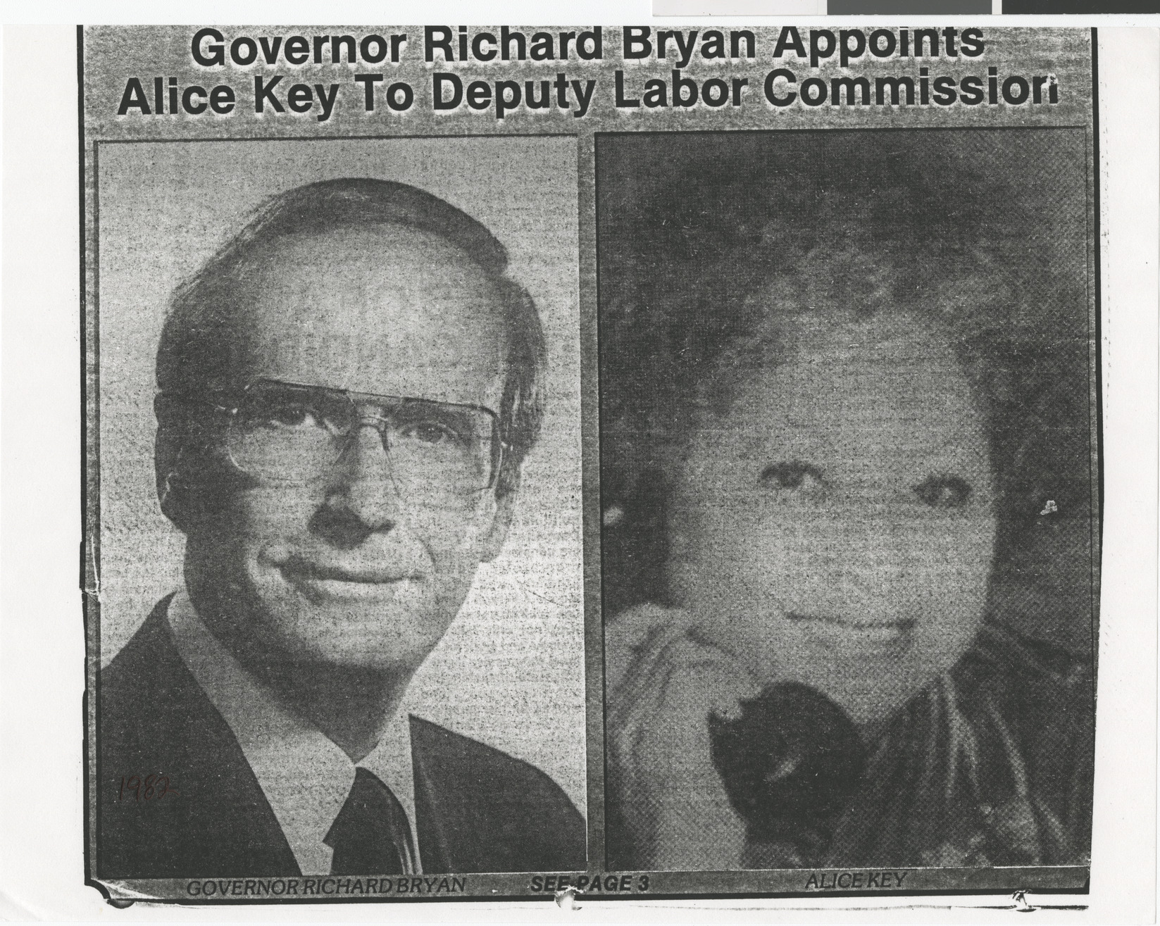 Newspaper clipping (copy), Governor Richard Bryan Appoints Alice Key to Deputy Labor Commissioner, publication unknown, no date