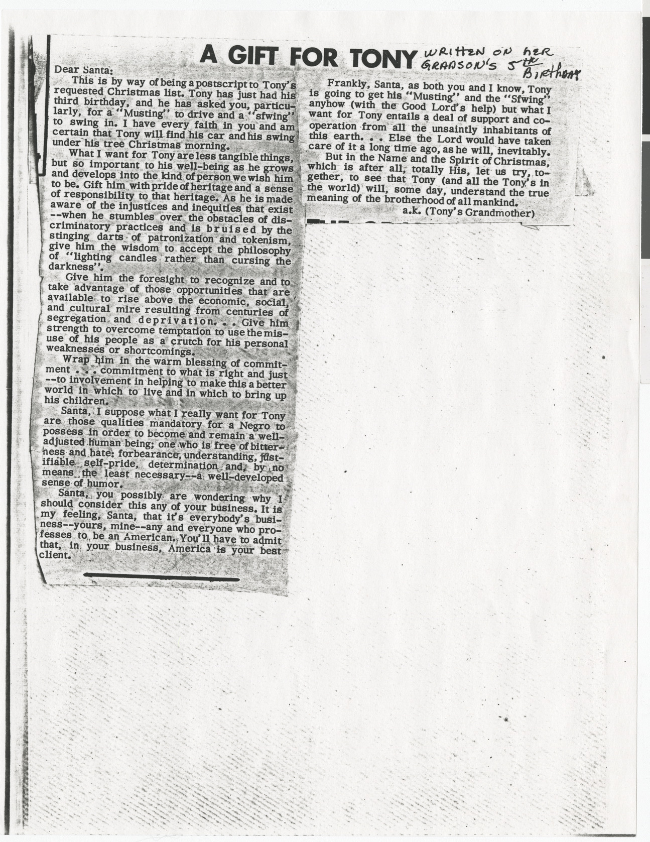 Newspaper clipping (copy), A Gift for Tony, publication unknown, no date