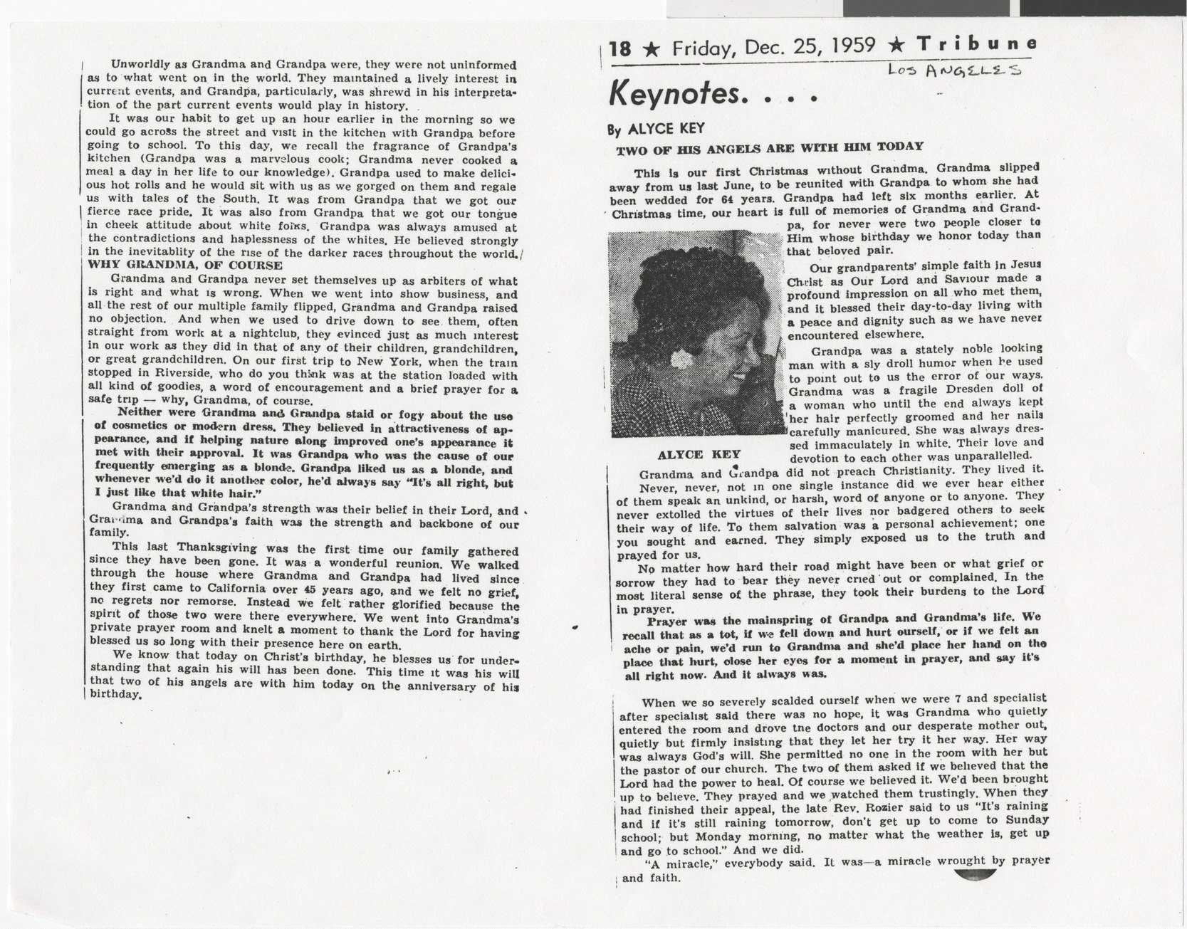 Newspaper clipping (copy), Keynotes by Alyce Key, Los Angeles Tribune, December 25, 1959