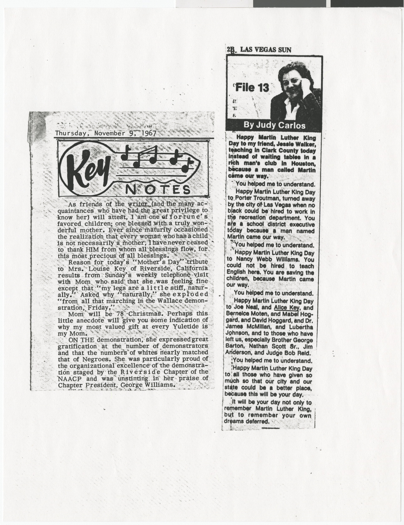 Newspaper clipping (copy), Key Notes, Las Vegas Sun, November 9, 1967