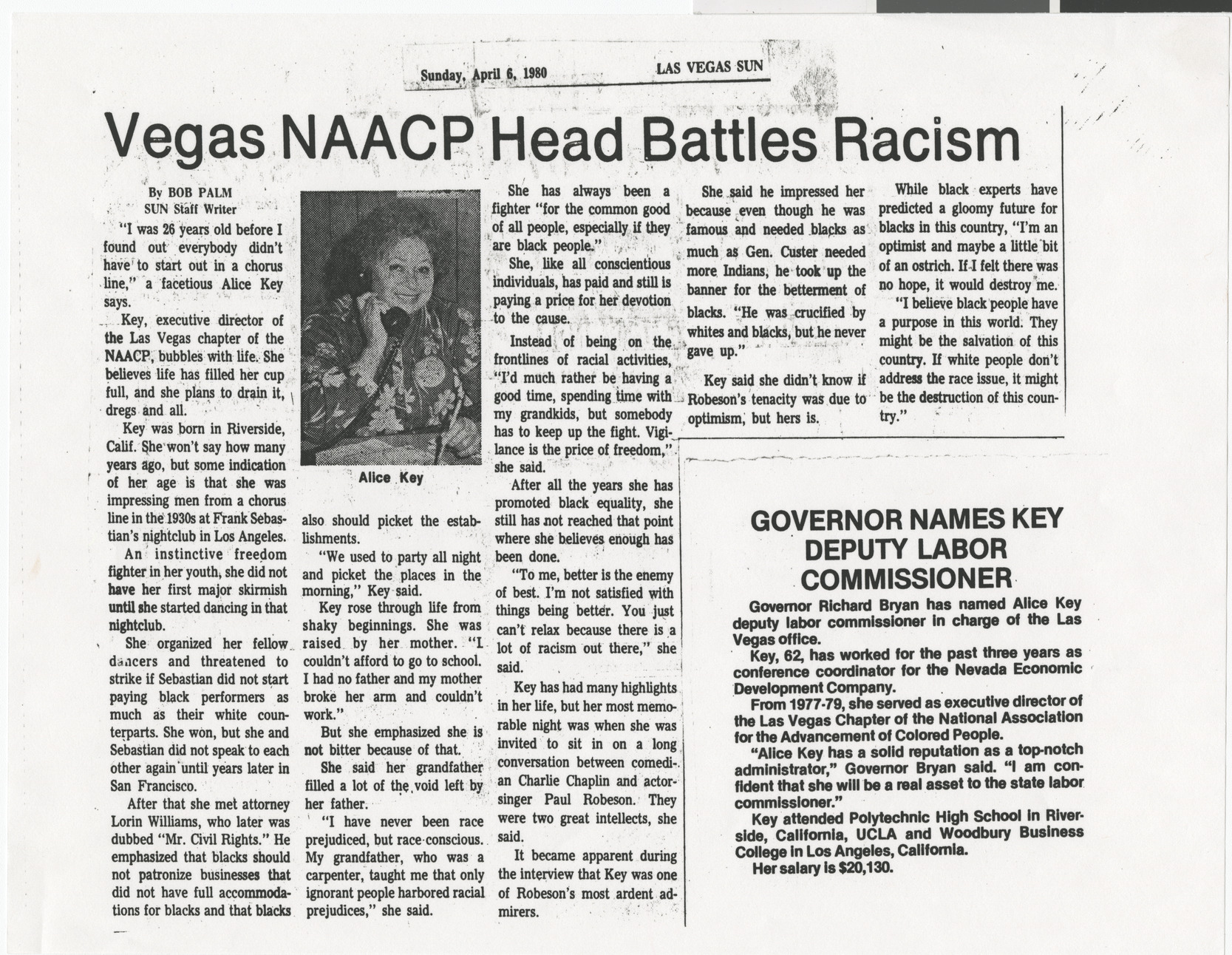 Newspaper clipping (copy), Vegas NAACP Head Battles Racism, Las Vegas Sun, April 6, 1980