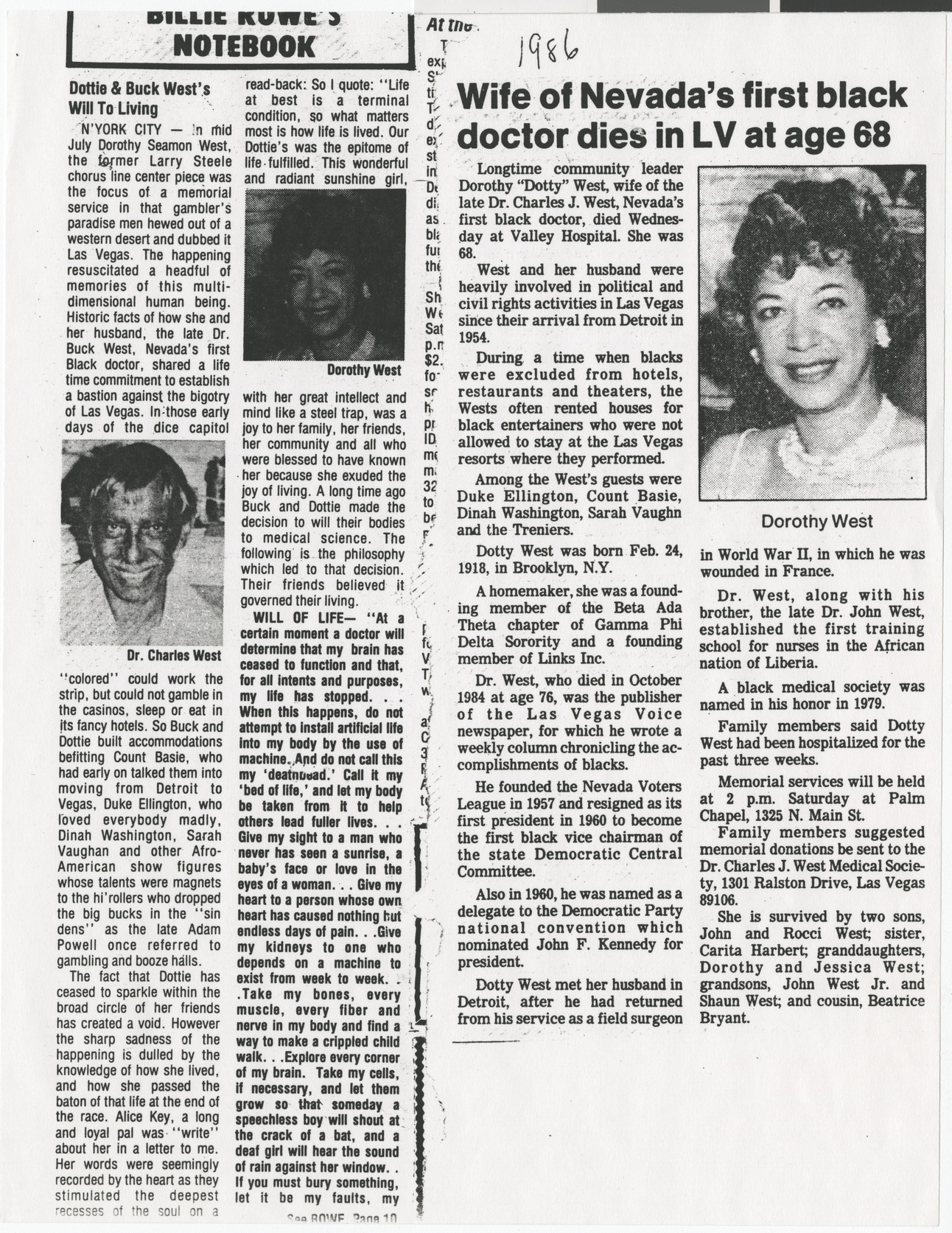 Newspaper clippings (copy), Billie Rowe's Notebook, Dottie & Buck West's Will to Living, and Wife of Nevada's first black doctor dies in LV at age 68, publication unknown, 1986