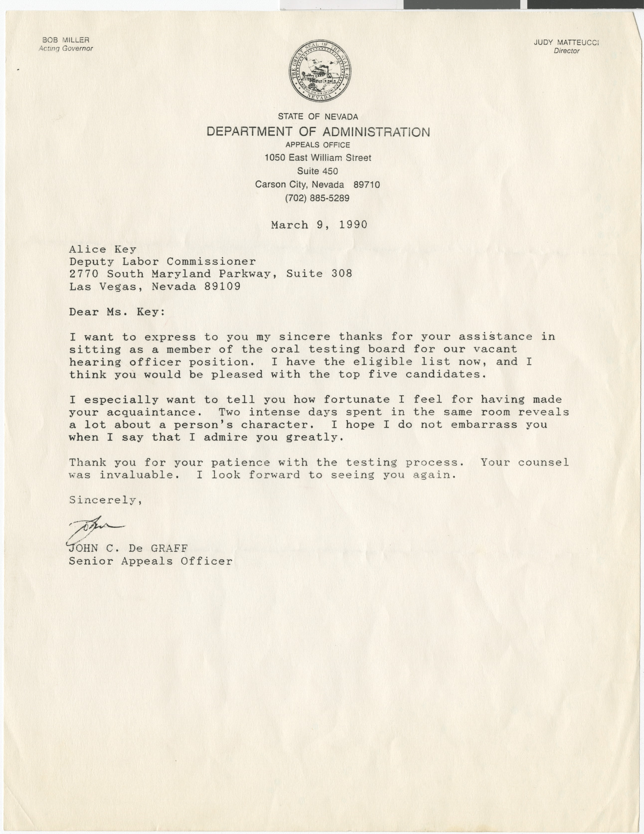 Letter from John C. DeGraff, State of Nevada Department of Administration Appeals Office, to Alice Key, 1990