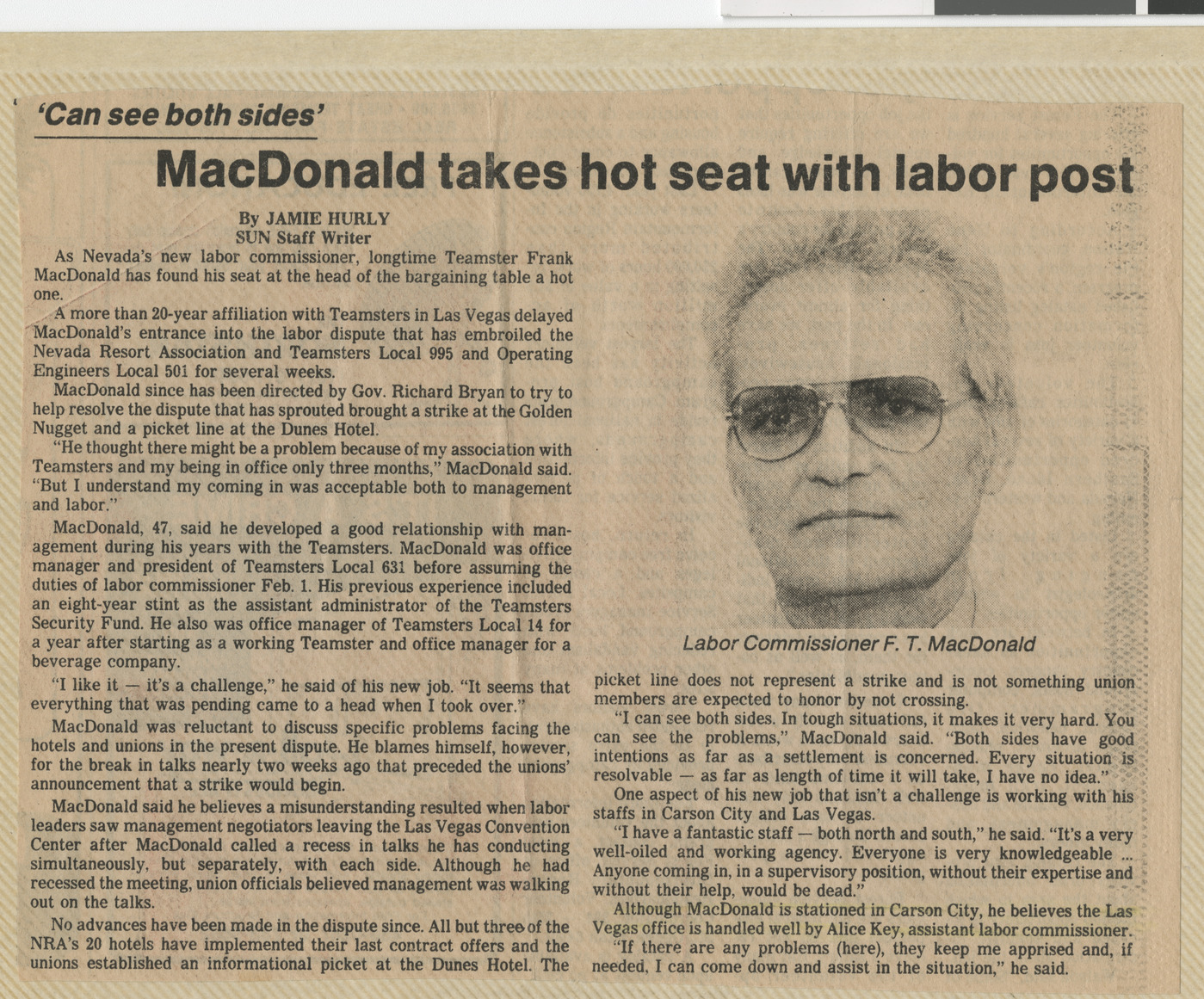 Newspaper clipping (copy), MacDonald takes hot seat with labor post,  Las Vegas Sun, no date