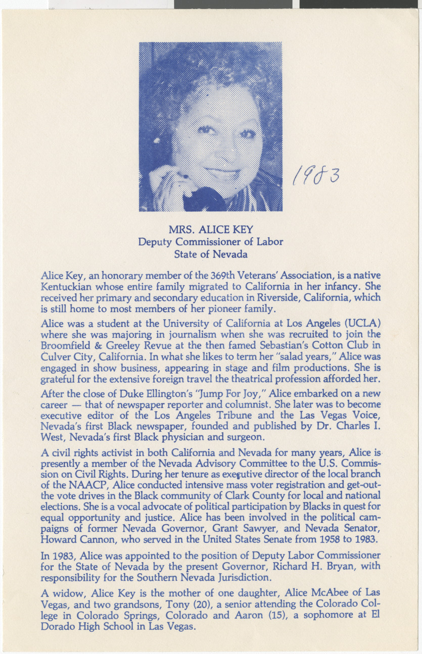 Biography card for Alice Key, Deputy Commissioner of Labor, 1983