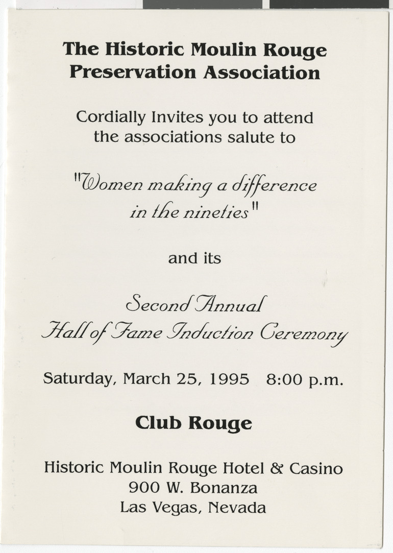 Program from the Historic Moulin Rouge Preservation Association's 'Women making a difference in the nineties,' and Second Annual Hall of Fame Induction, 1995