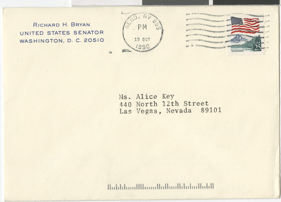 Letter and envelope from Richard Bryan, US Senator, to Alice Key, 1990