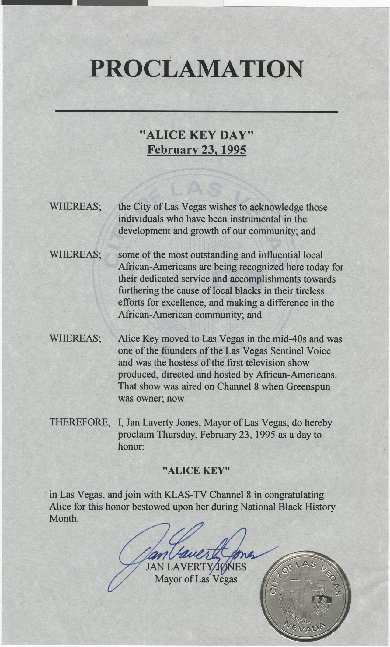 Proclamation from Las Vegas Mayor Jan Laverty Jones for Alice Key Day, February 23, 1995