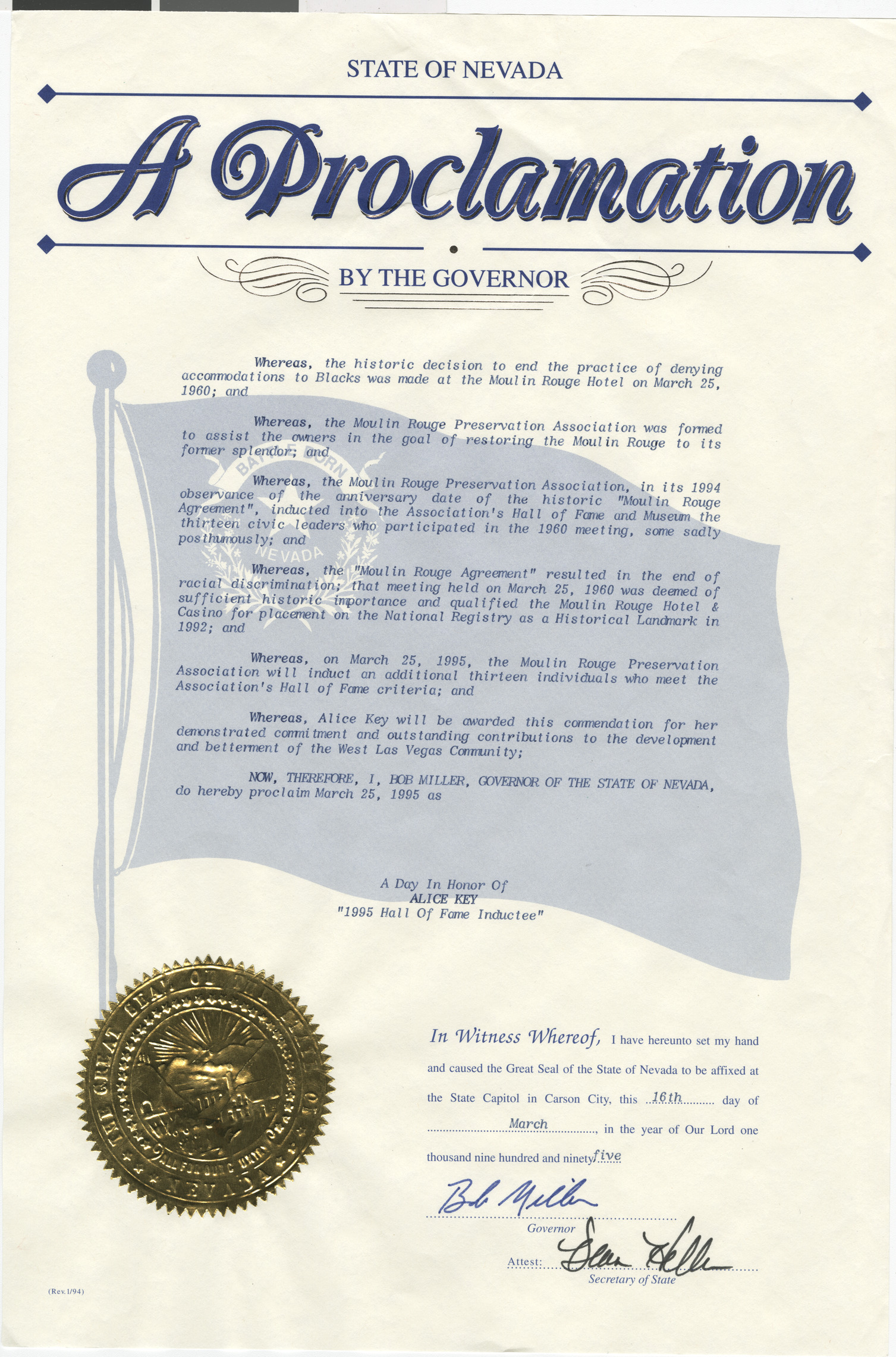 Proclamation from Nevada Governor for A Day in Honor of Alice Key, signed March 16, 1995