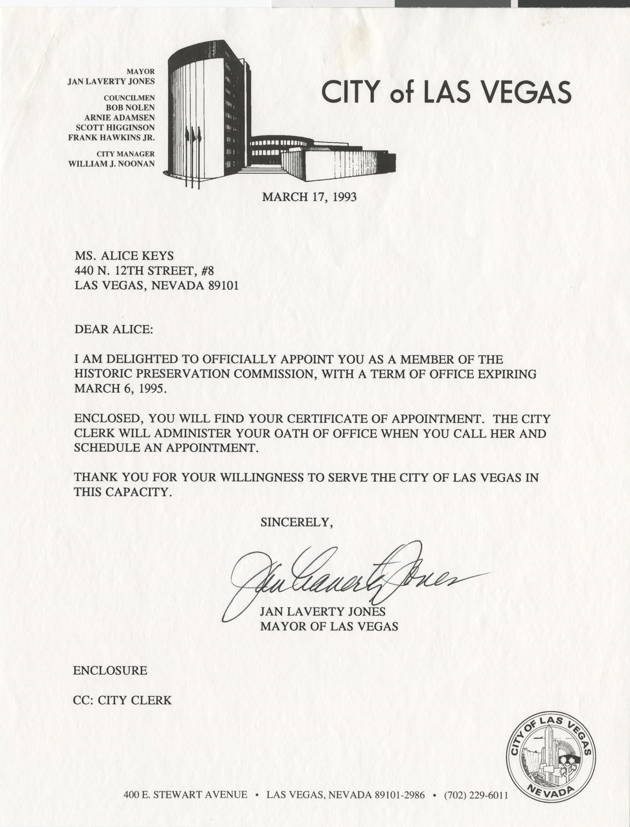 Letter from Mayor of Las Vegas, Jan Laverty Jones, to Alice Key, March 17, 1993