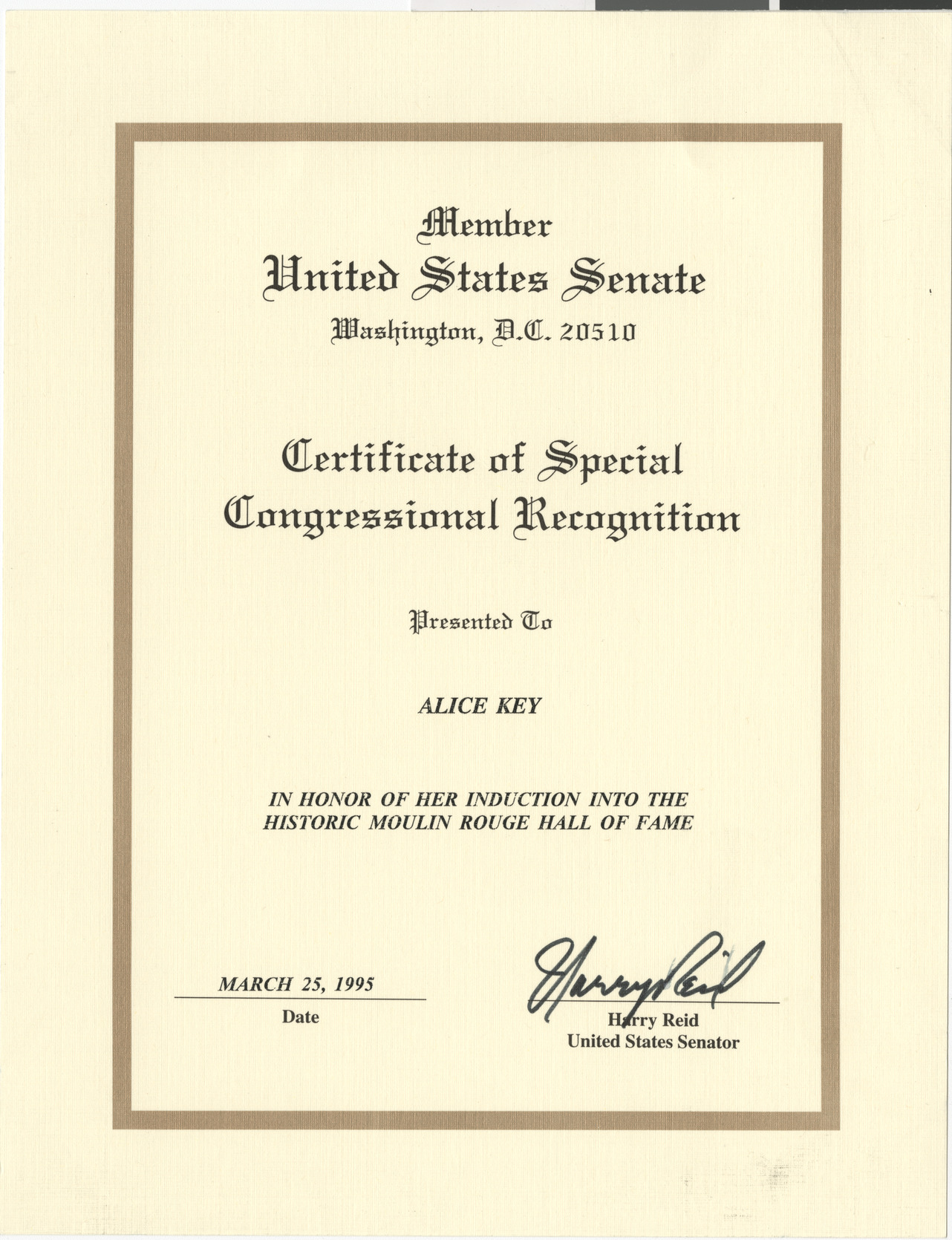 Certificate of Special Congressional Recognition from Senator Harry Reid to Alice Key in honor of her induction into the Historic Moulin Rouge Hall of Fame, March 25, 1995