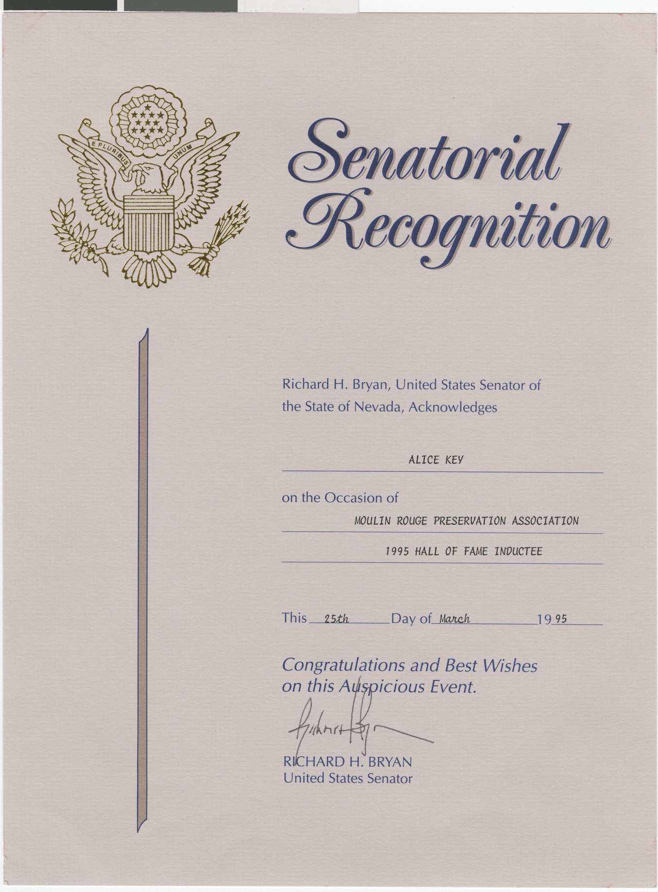 Senatorial Recognition from Richard H. Bryan to Alice Key on the Moulin Rouge Preservation Association 1995 Hall of Fame induction, March 25, 1995