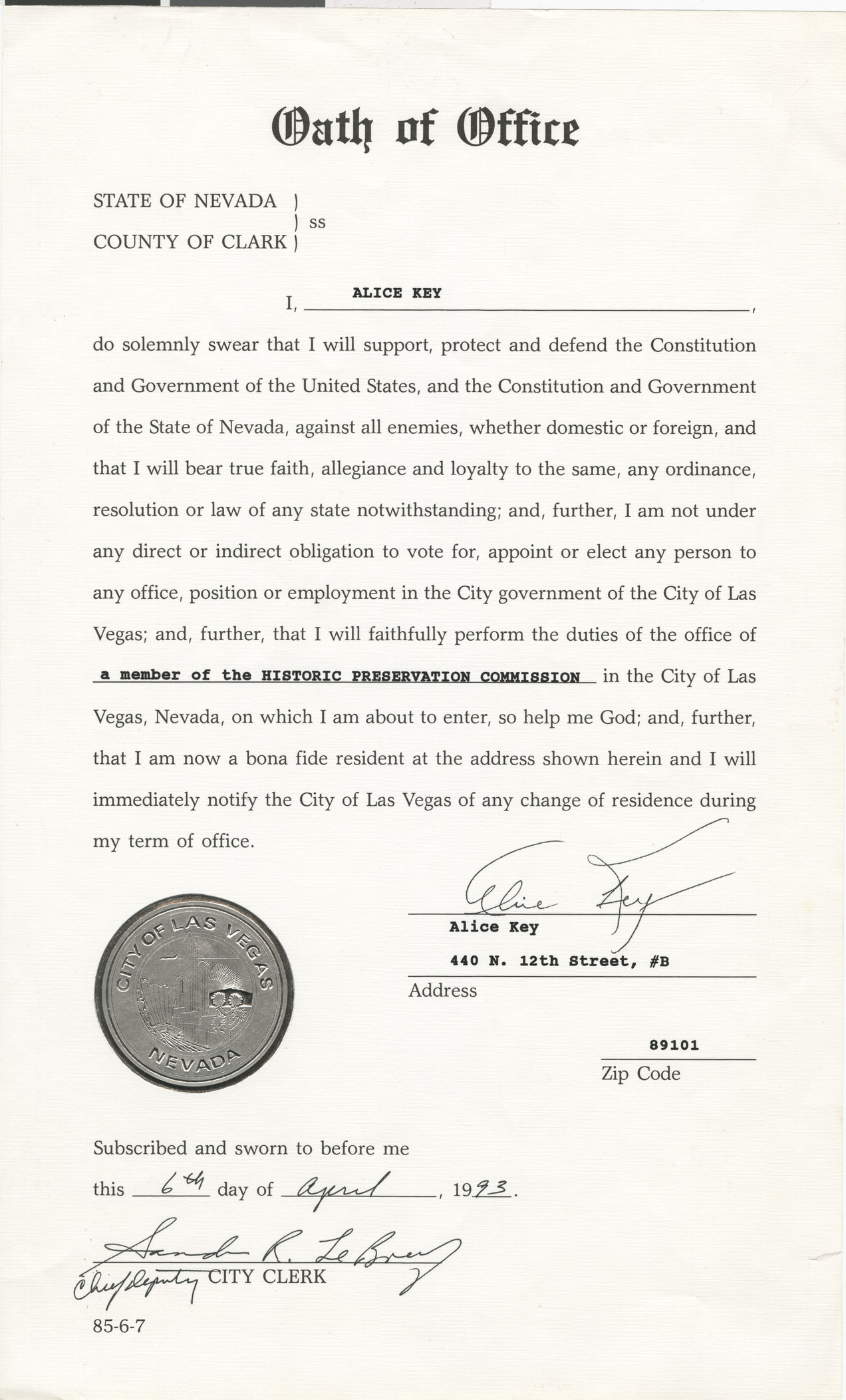 Oath of Office from the State of Nevada for Alice Key to perform the duties of a member of the Historic Preservation Commission, April 6, 1993